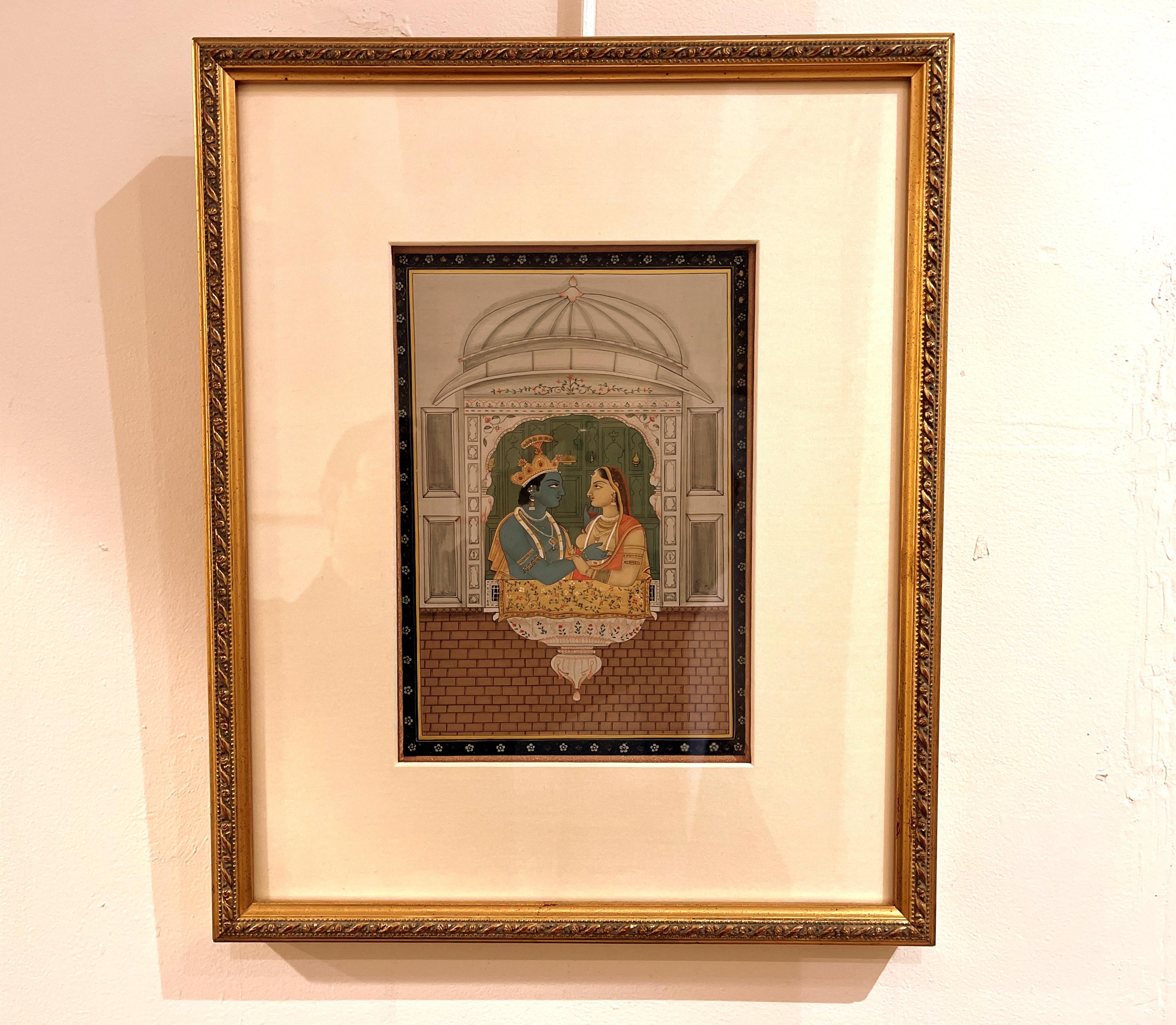 Framed refined Indian court painting, beautiful colors and gold leafing, exquisite details, 19th century,  Conservation framed
Overall size with frame:  14