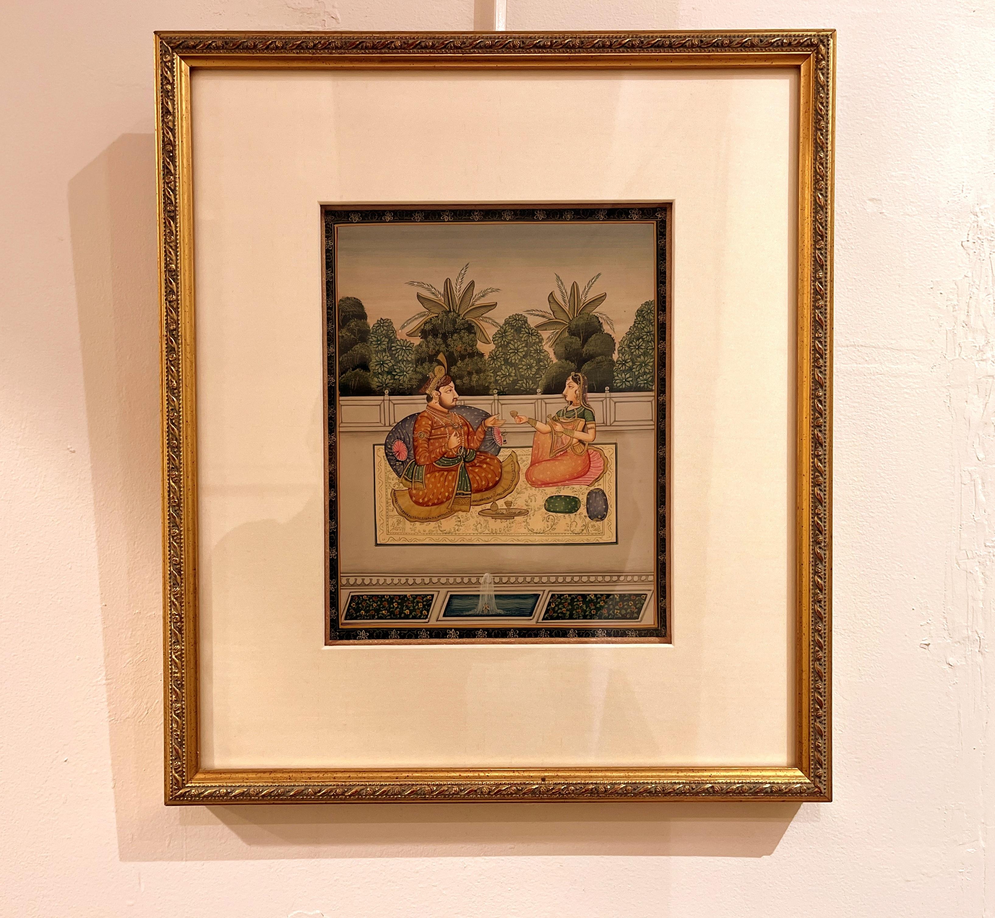 Framed refined Indian court painting, beautiful colors and gold leafing, exquisite details, 19th century, Conservation framed
Overall size with frame:  14.8