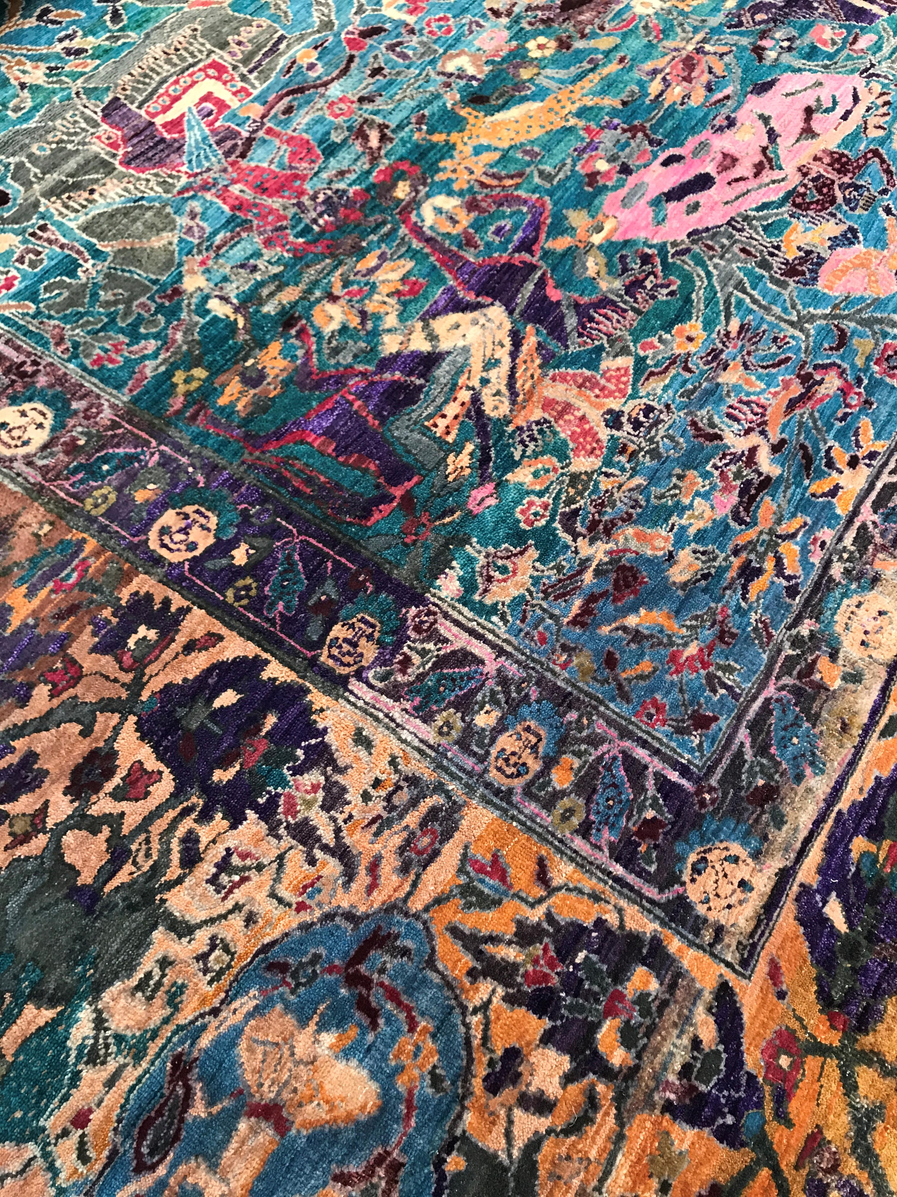 Fine Indian Hand Knotted Hunting Scene Carpet in Blue, Purple and Pink 3
