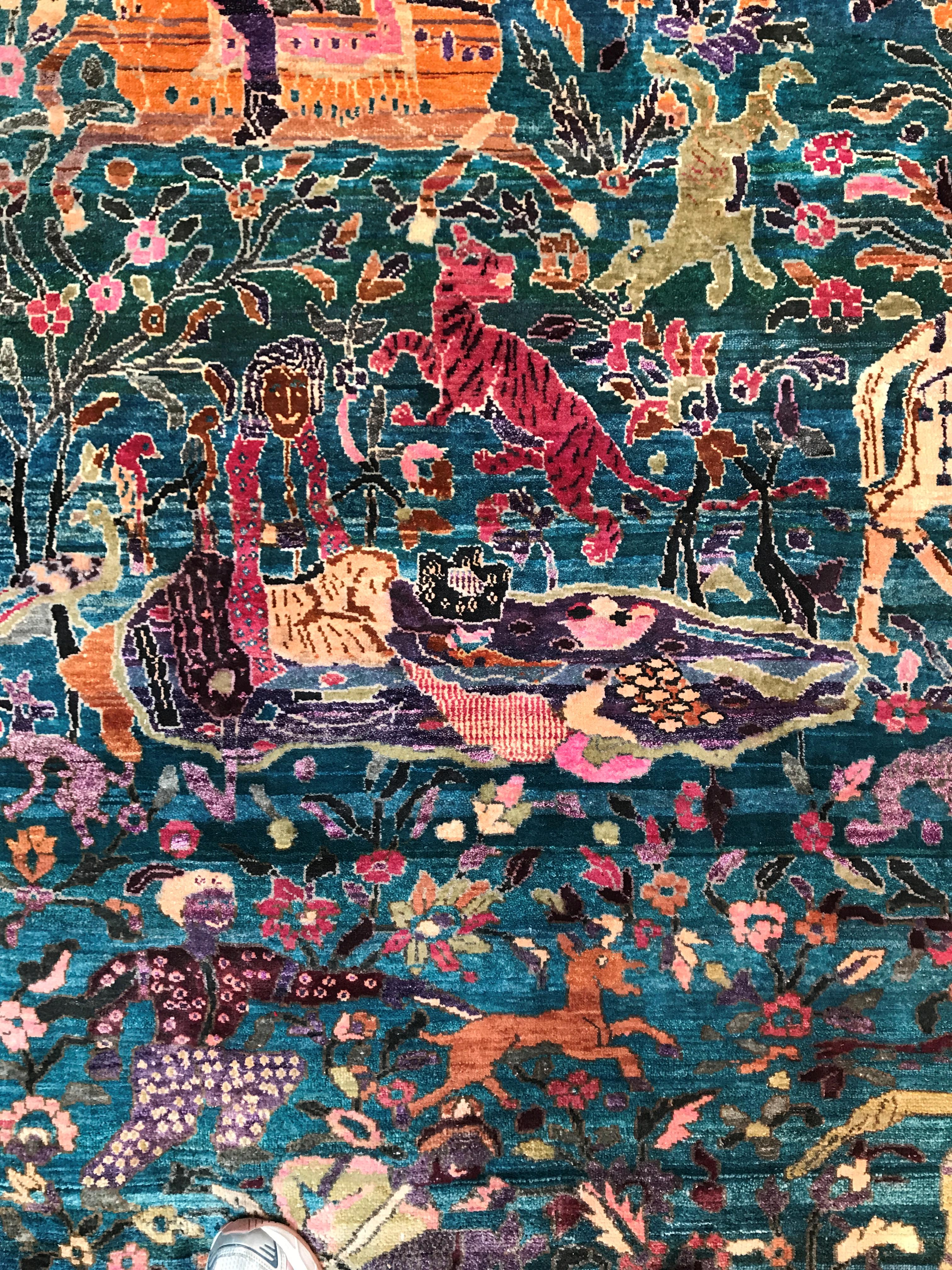 Fine Indian Hand Knotted Hunting Scene Carpet in Blue, Purple and Pink 4