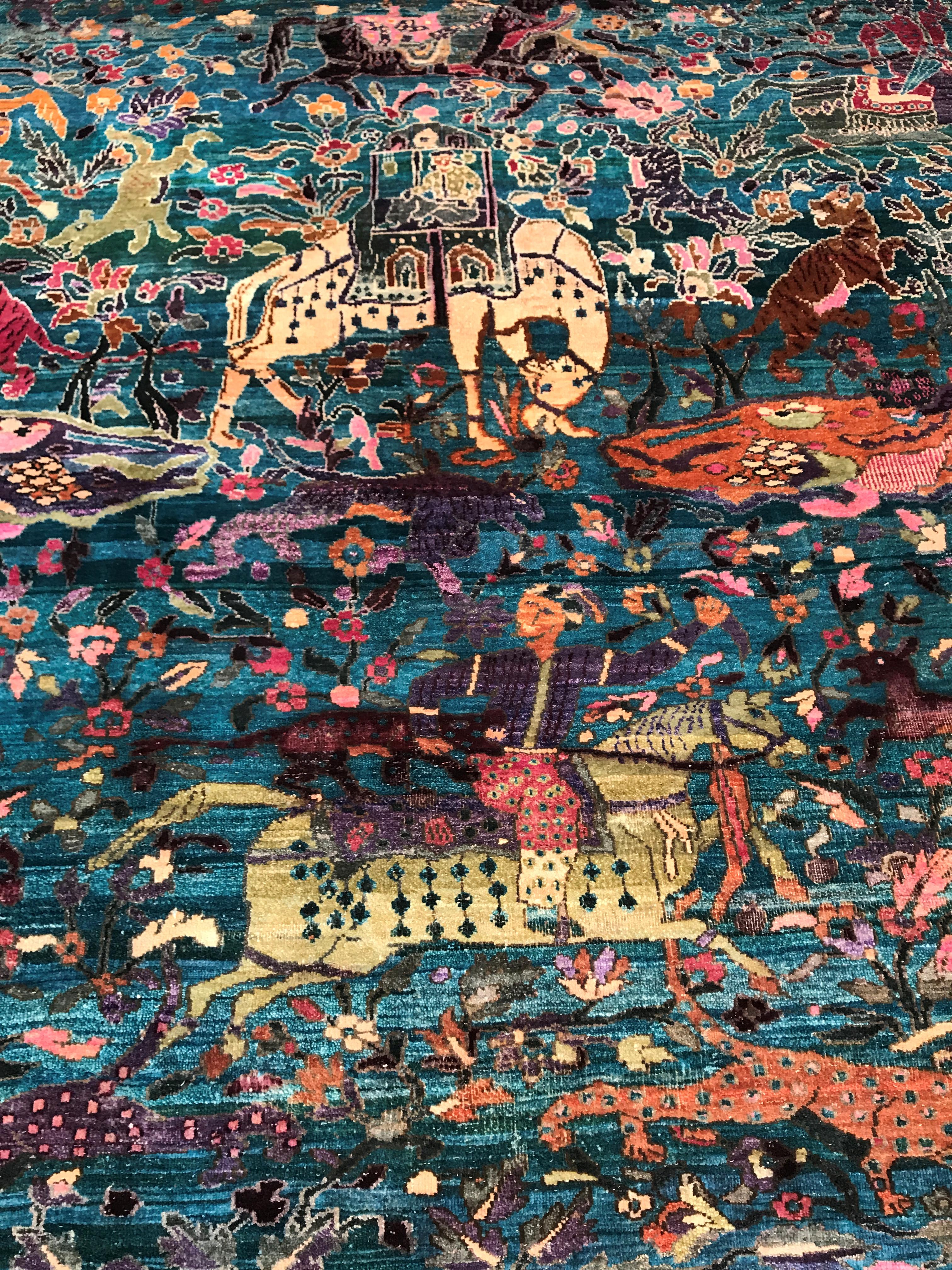 Fine Indian Hand Knotted Hunting Scene Carpet in Blue, Purple and Pink 6