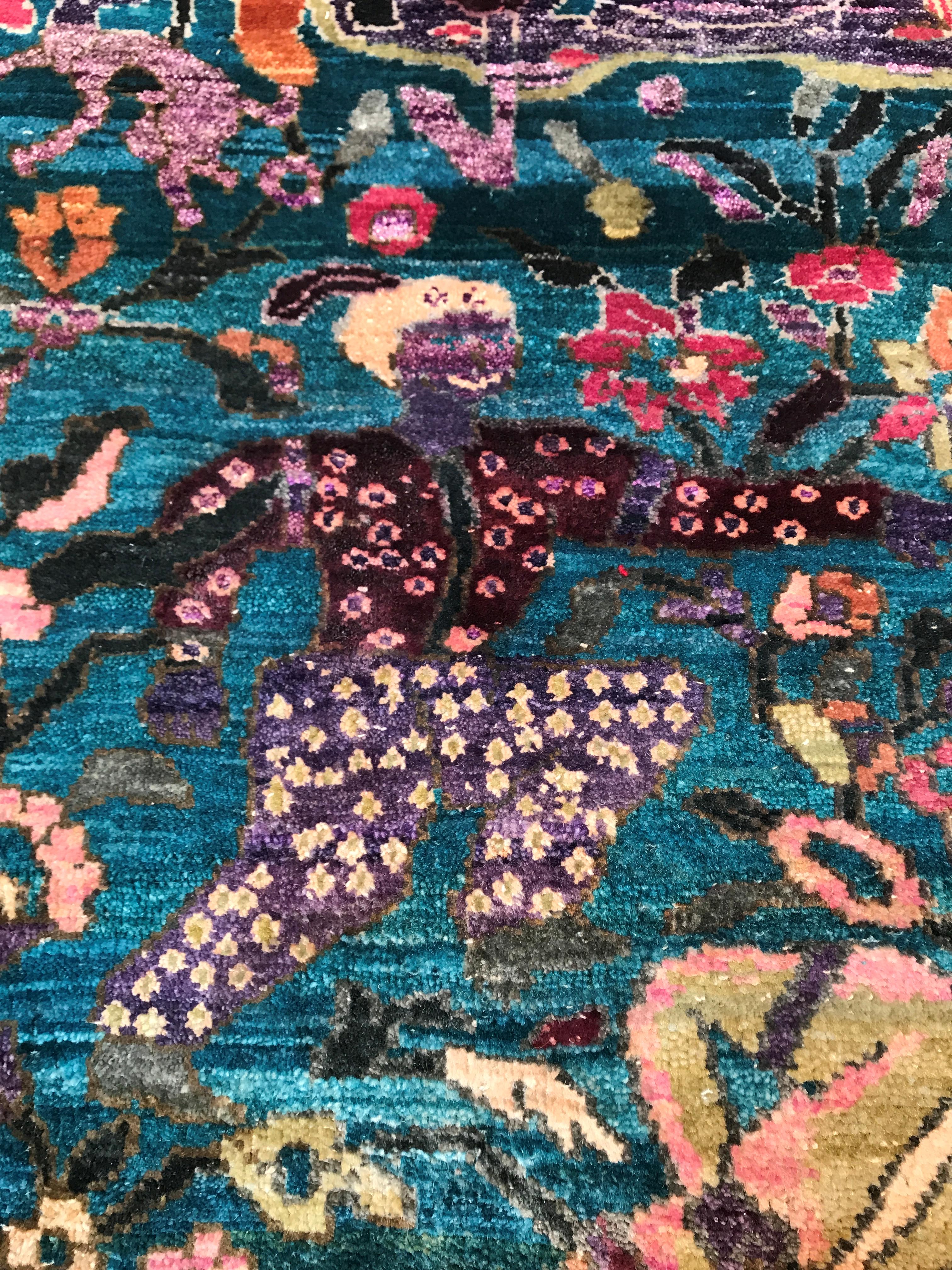 Fine Indian Hand Knotted Hunting Scene Carpet in Blue, Purple and Pink 7