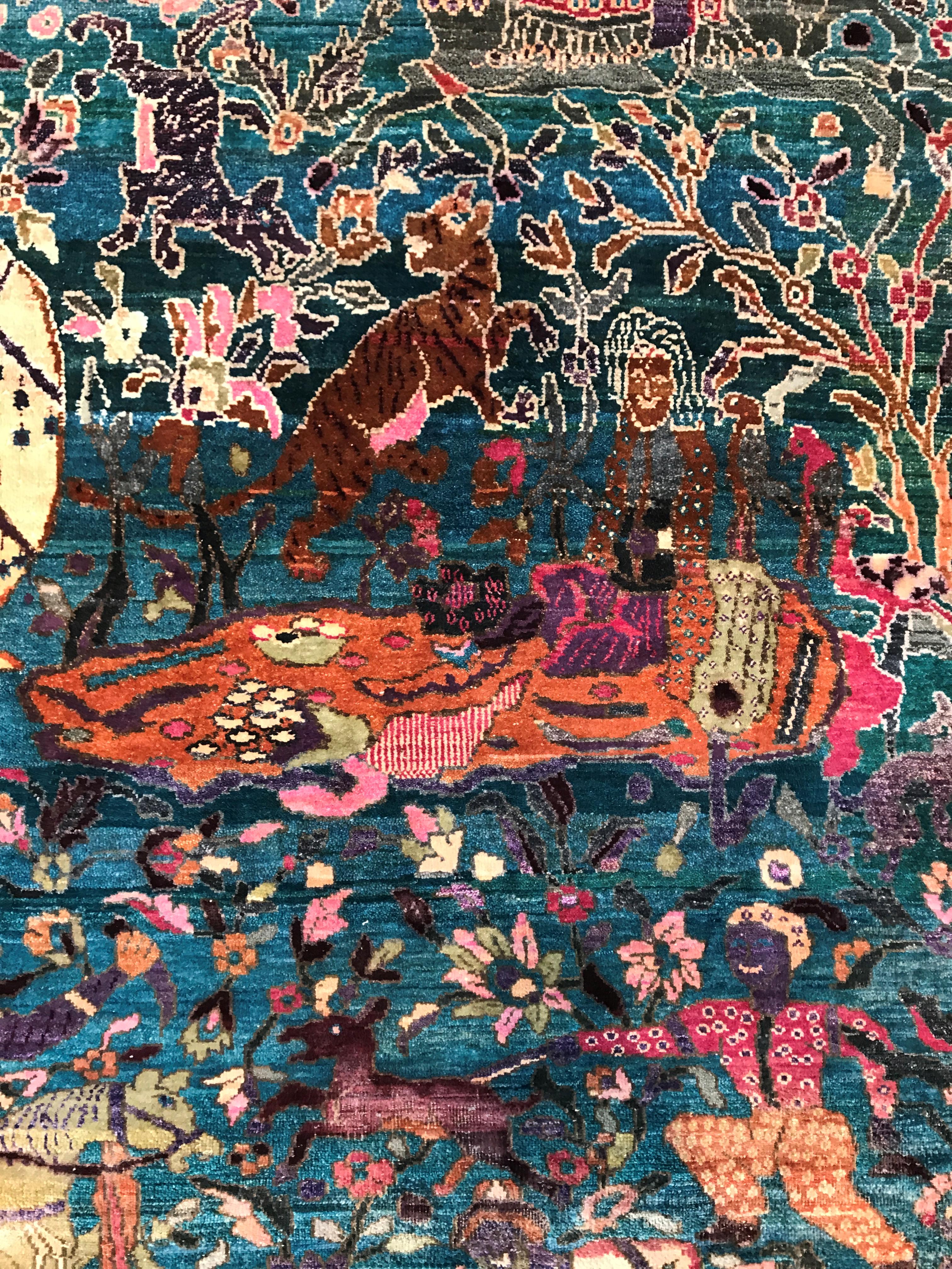 Fine Indian Hand Knotted Hunting Scene Carpet in Blue, Purple and Pink 10