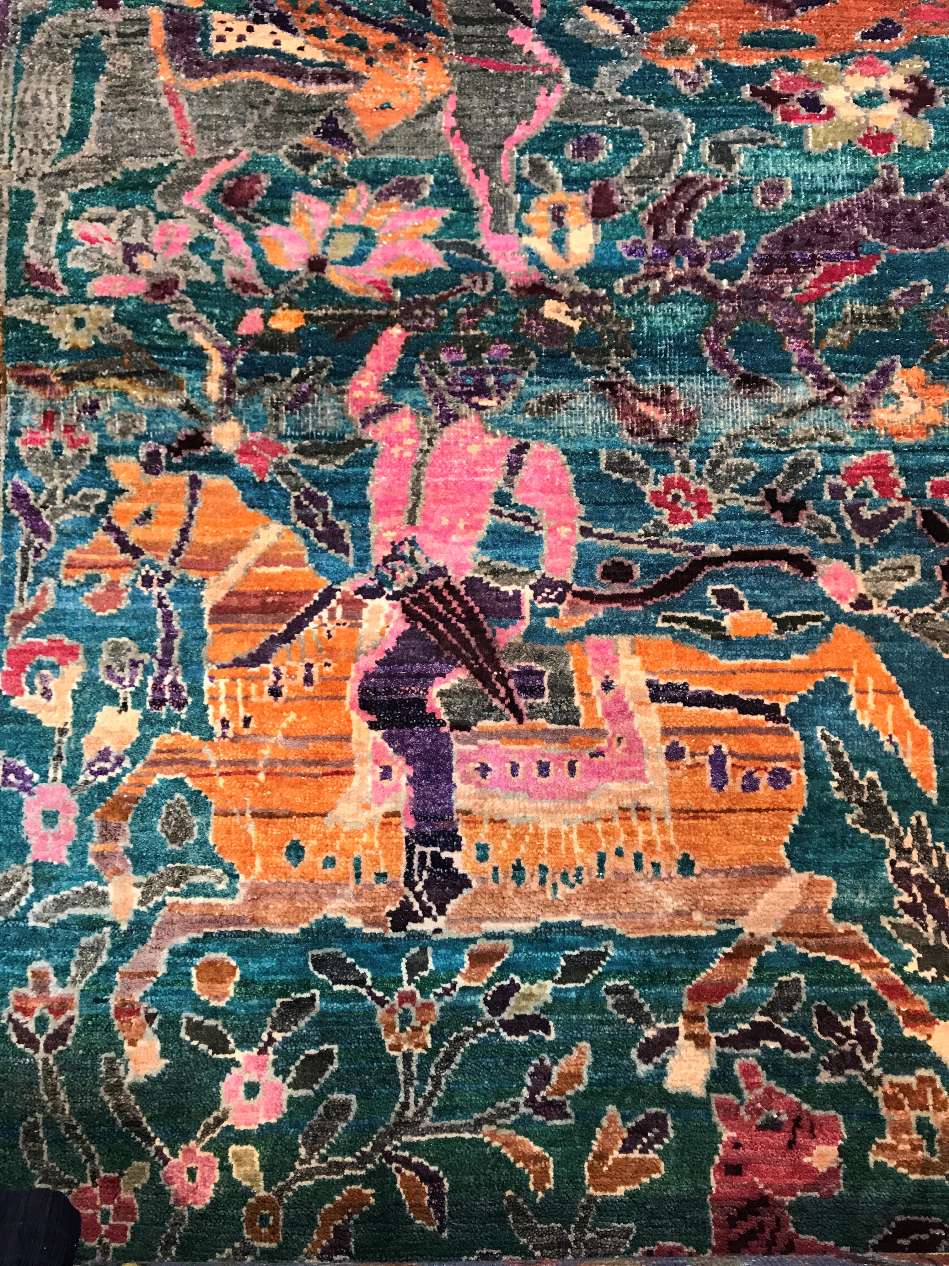 Fine Indian Hand Knotted Hunting Scene Carpet in Blue, Purple and Pink 11