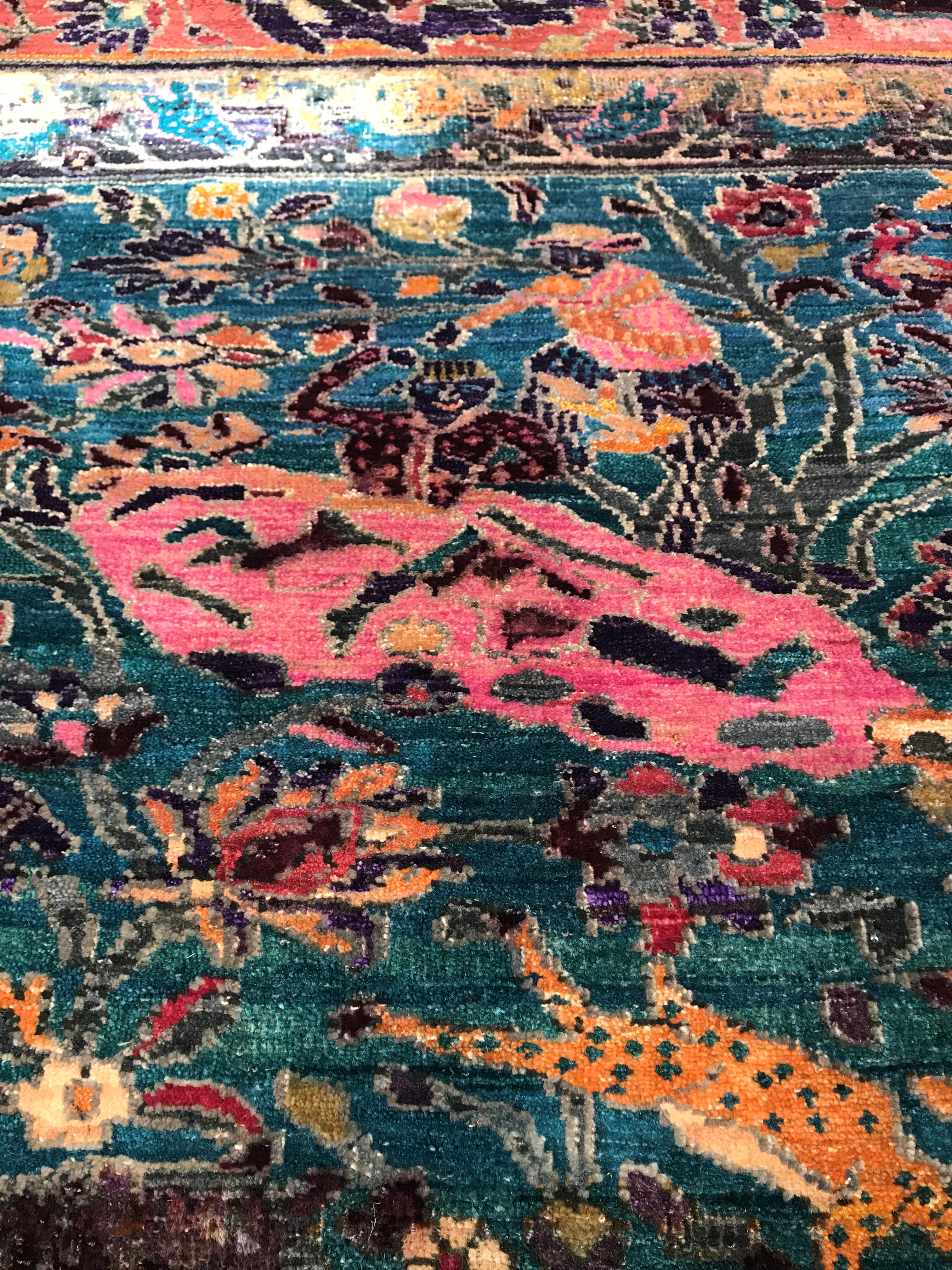 Fine Indian Hand Knotted Hunting Scene Carpet in Blue, Purple and Pink 12