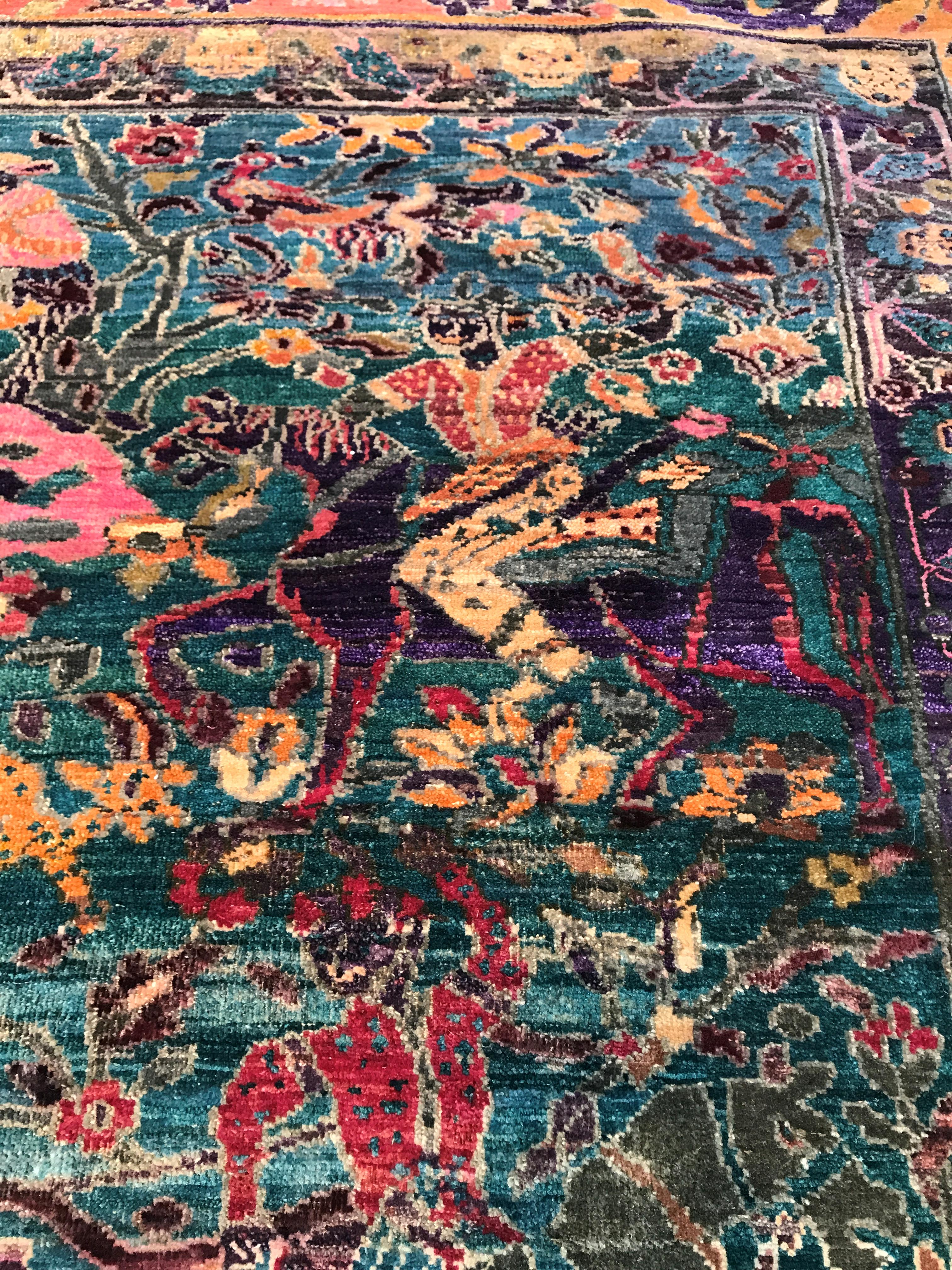 Fine Indian Hand Knotted Hunting Scene Carpet in Blue, Purple and Pink 13