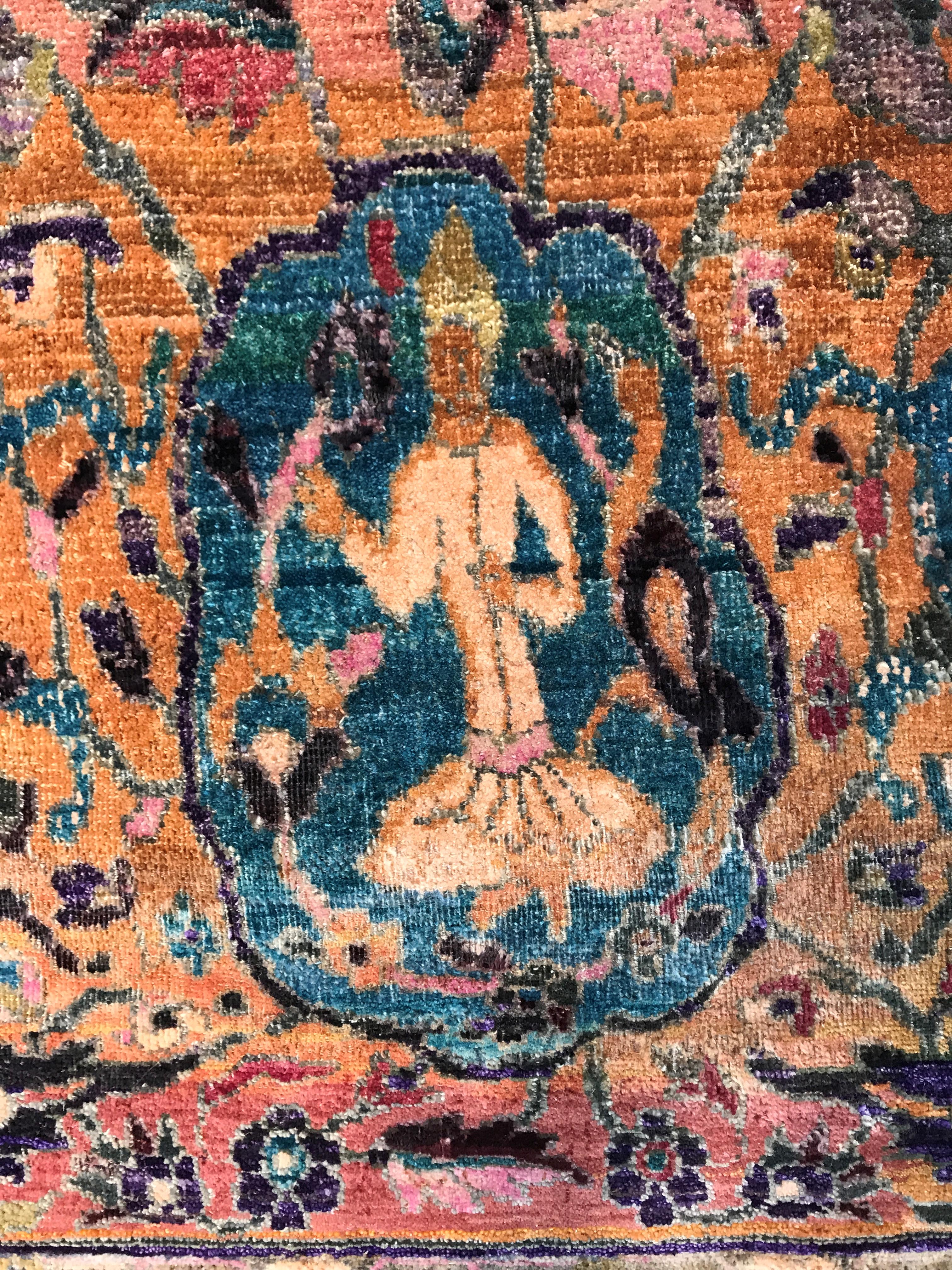 Fine Indian Hand Knotted Hunting Scene Carpet in Blue, Purple and Pink In New Condition In Vancouver, CA