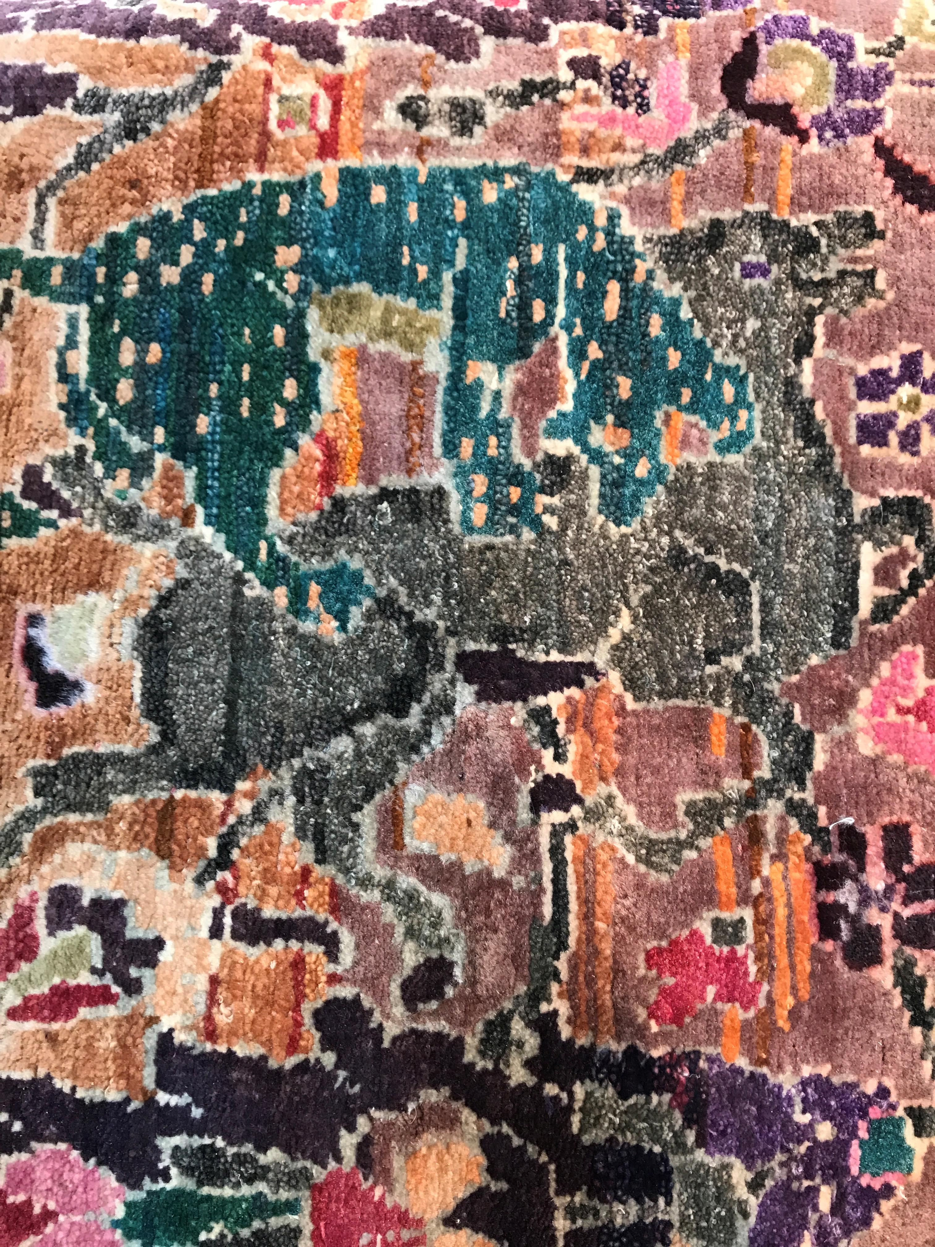 Wool Fine Indian Hand Knotted Hunting Scene Carpet in Blue, Purple and Pink