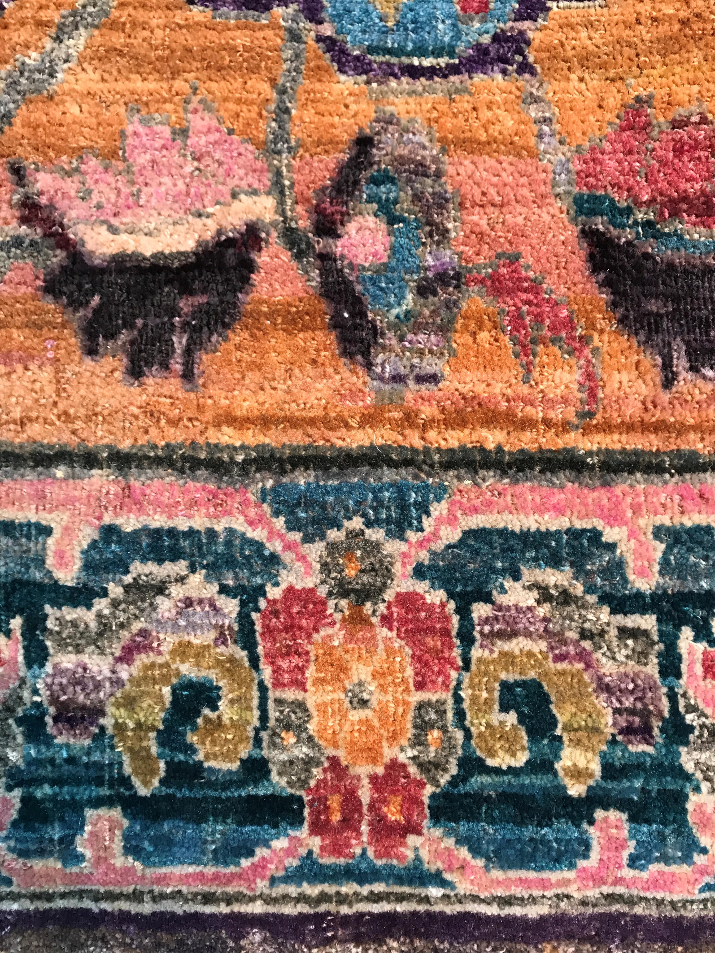 Fine Indian Hand Knotted Hunting Scene Carpet in Blue, Purple and Pink 1