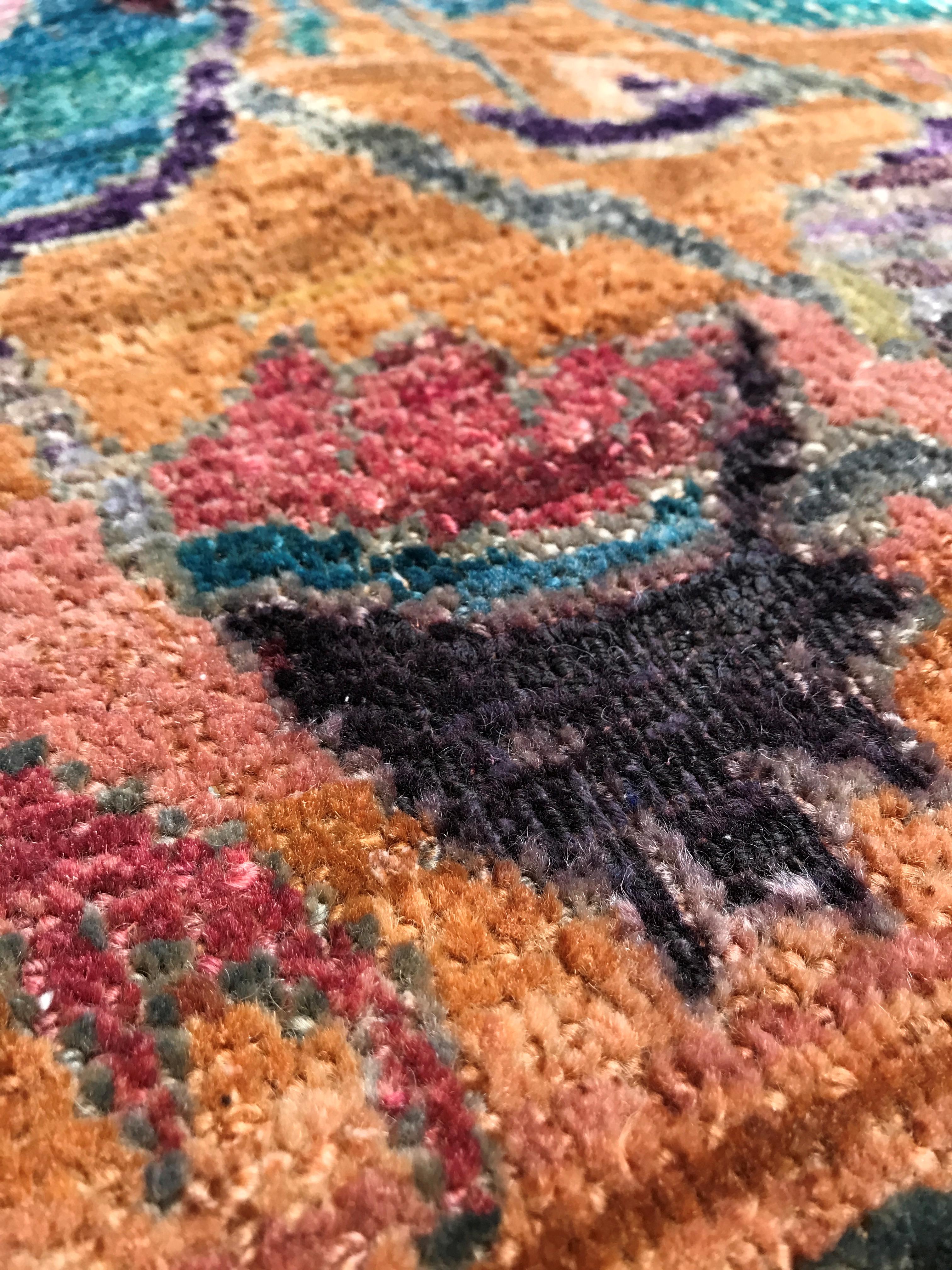 Fine Indian Hand Knotted Hunting Scene Carpet in Blue, Purple and Pink 2