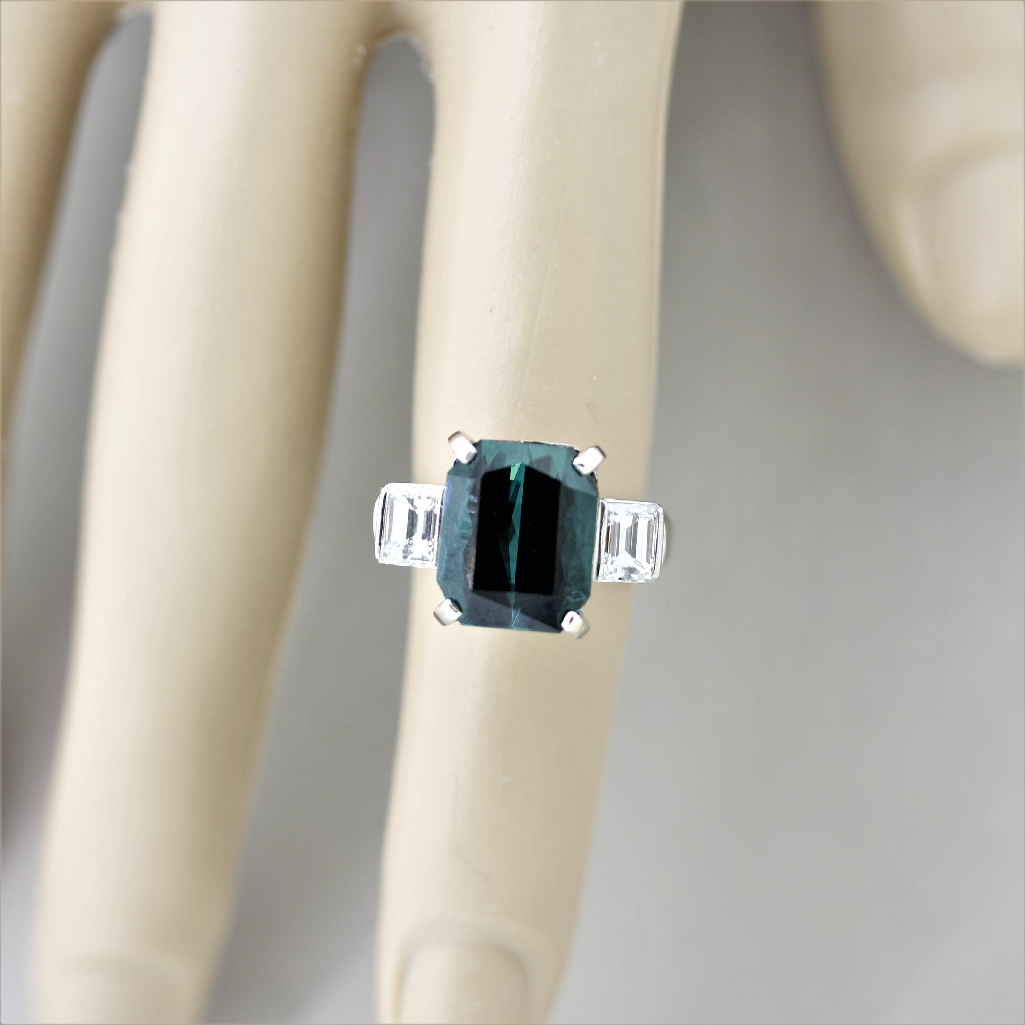 Fine Indicolite Tourmaline Diamond Platinum 3-Stone Ring For Sale 2