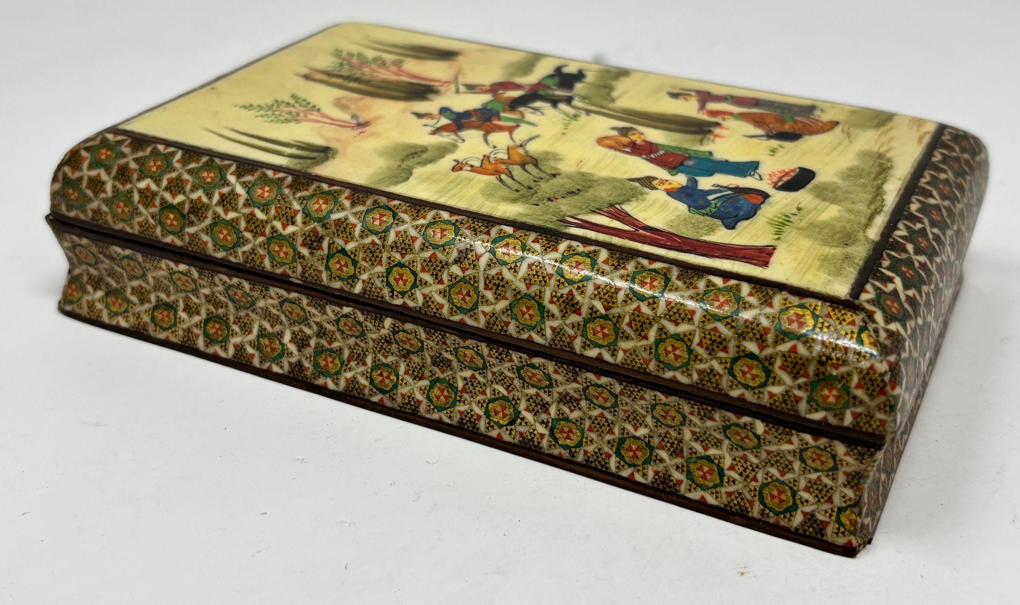 Anglo Raj Fine Indo-Persian Micro Mosaic Marquetry Box with Miniature Painting 1940s For Sale