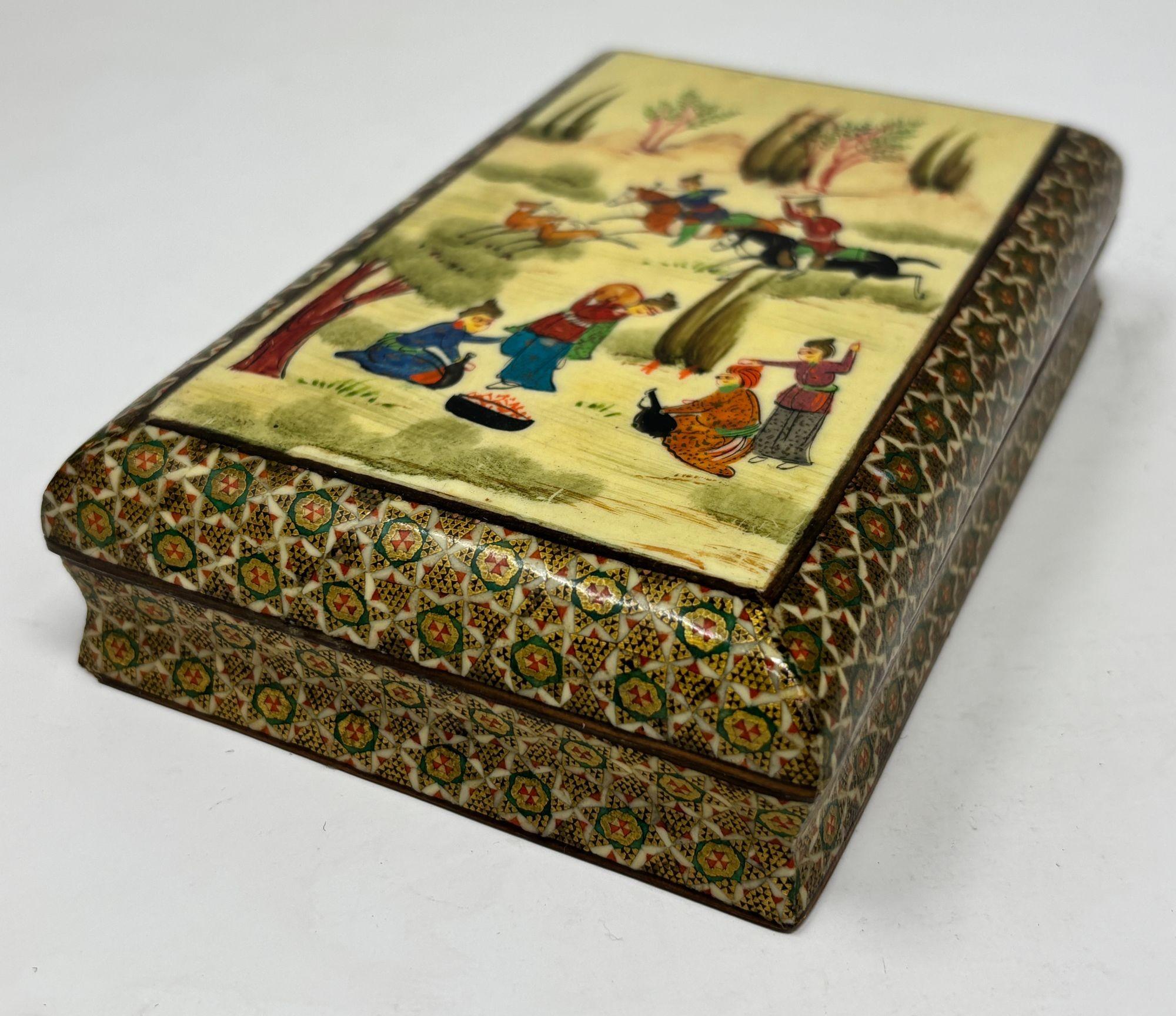 Indian Fine Indo-Persian Micro Mosaic Marquetry Box with Miniature Painting 1940s For Sale