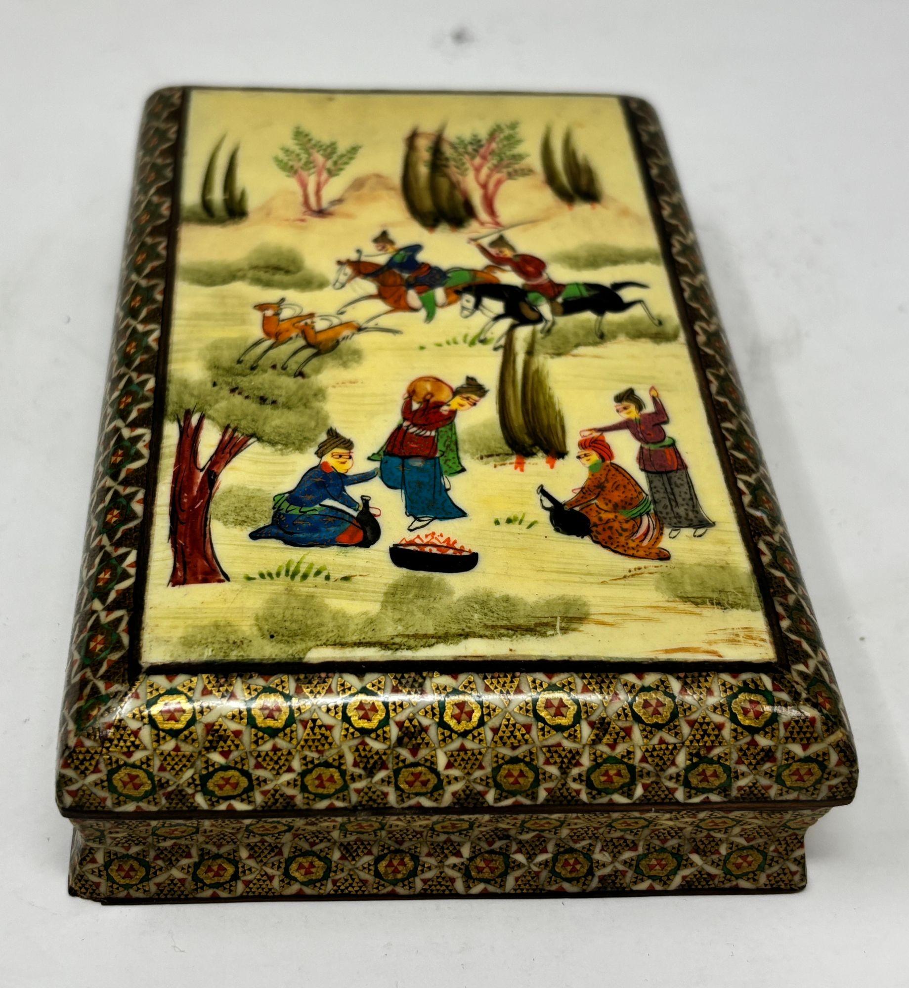 Hand-Crafted Fine Indo-Persian Micro Mosaic Marquetry Box with Miniature Painting 1940s For Sale
