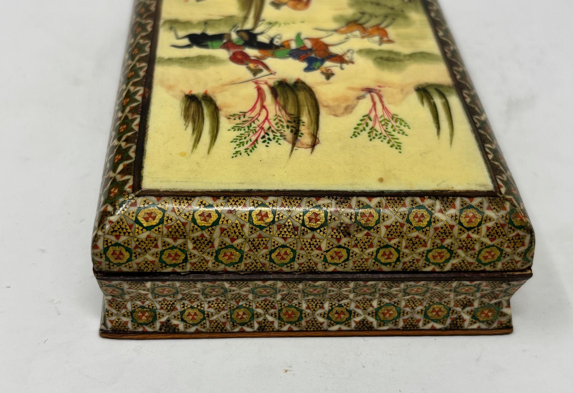 Fine Indo-Persian Micro Mosaic Marquetry Box with Miniature Painting 1940s In Good Condition For Sale In North Hollywood, CA