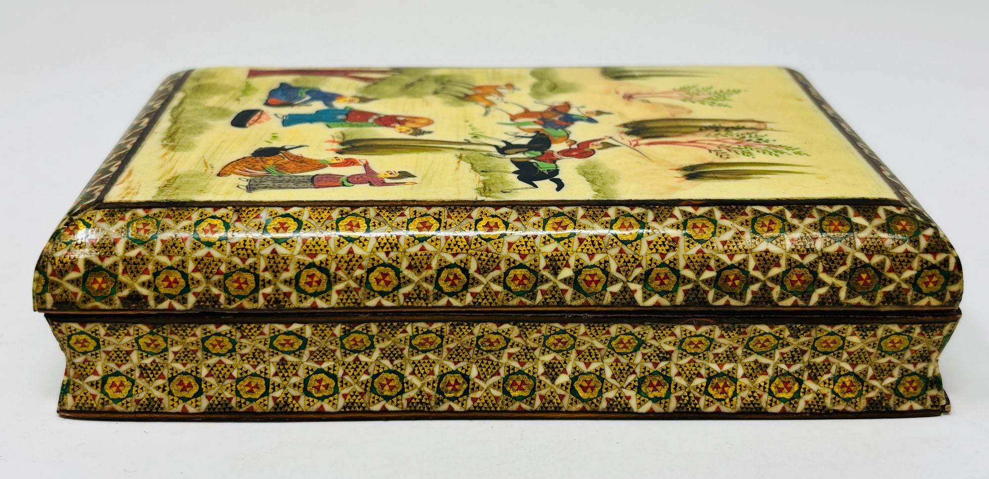20th Century Fine Indo-Persian Micro Mosaic Marquetry Box with Miniature Painting 1940s For Sale