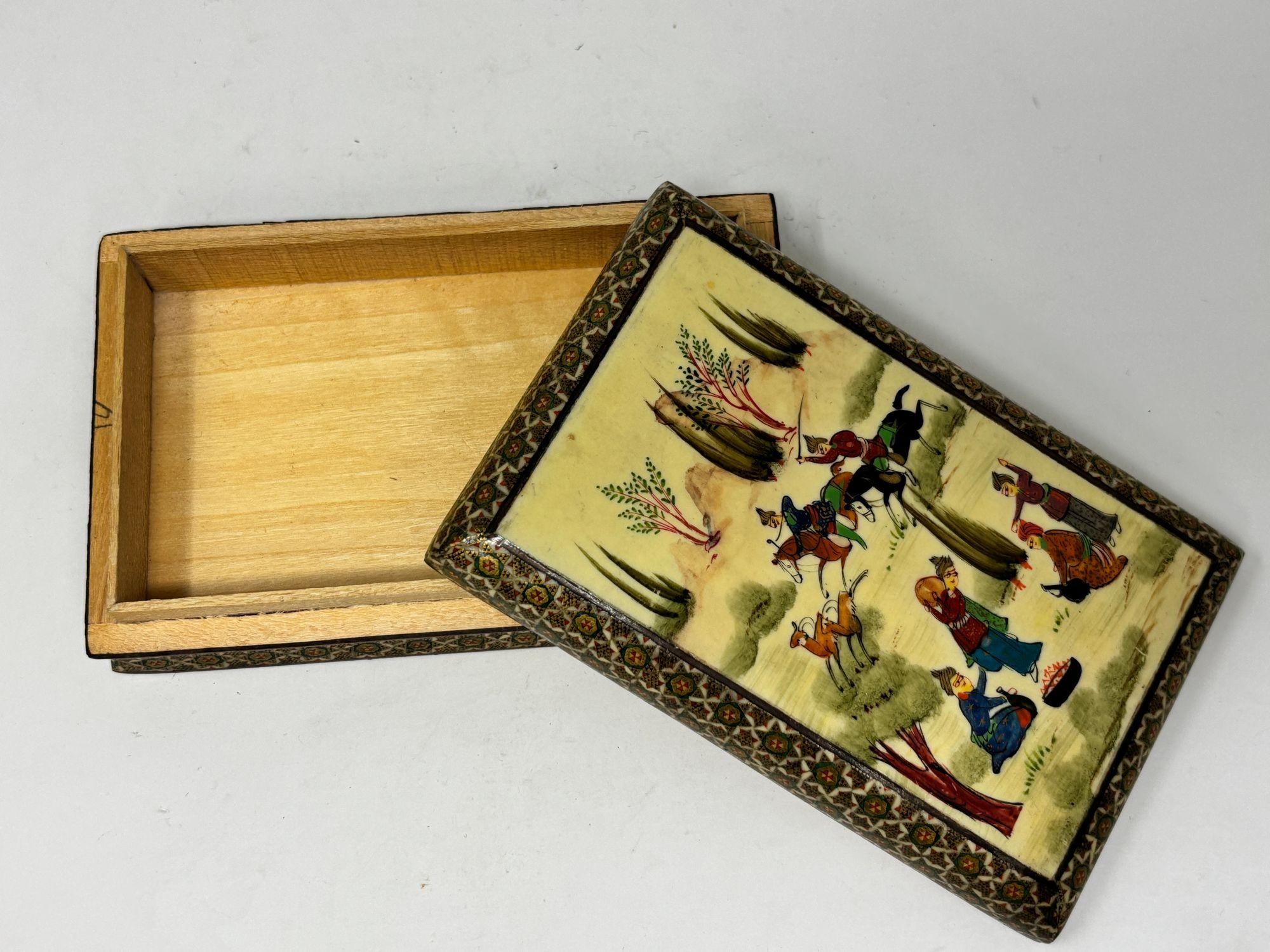 Fruitwood Fine Indo-Persian Micro Mosaic Marquetry Box with Miniature Painting 1940s For Sale