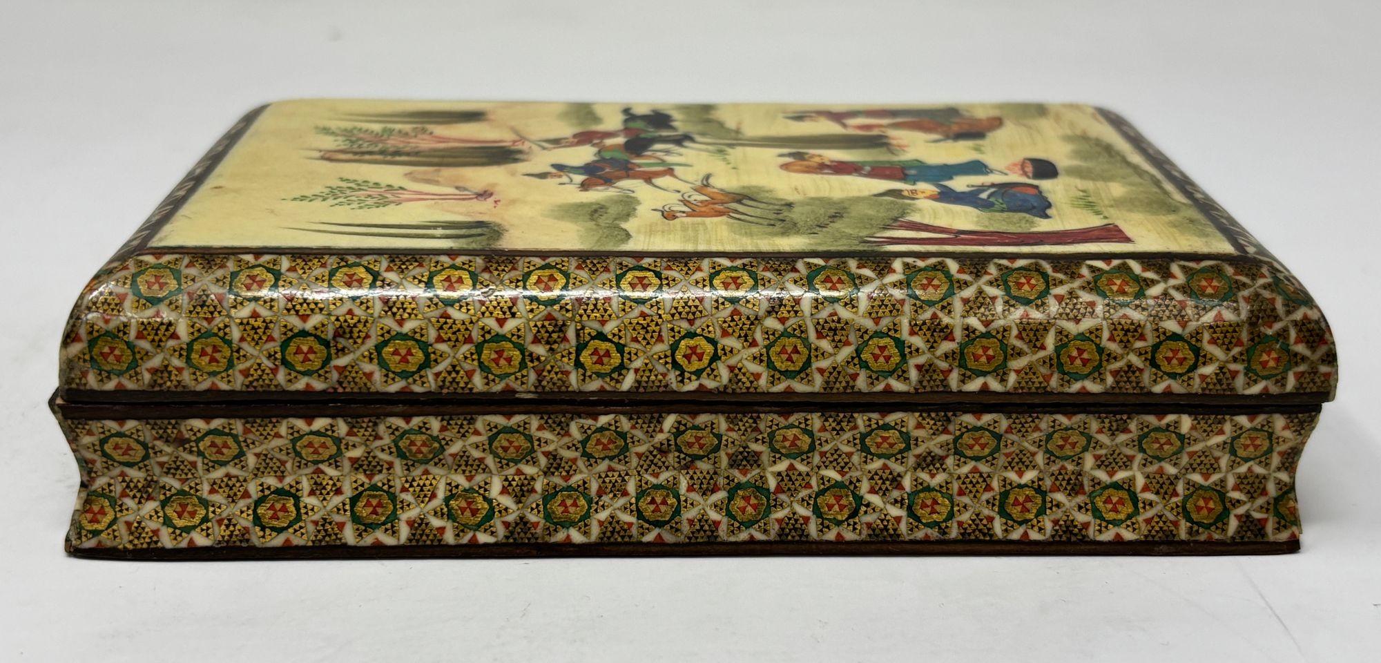 Fine Indo-Persian Micro Mosaic Marquetry Box with Miniature Painting 1940s For Sale 1