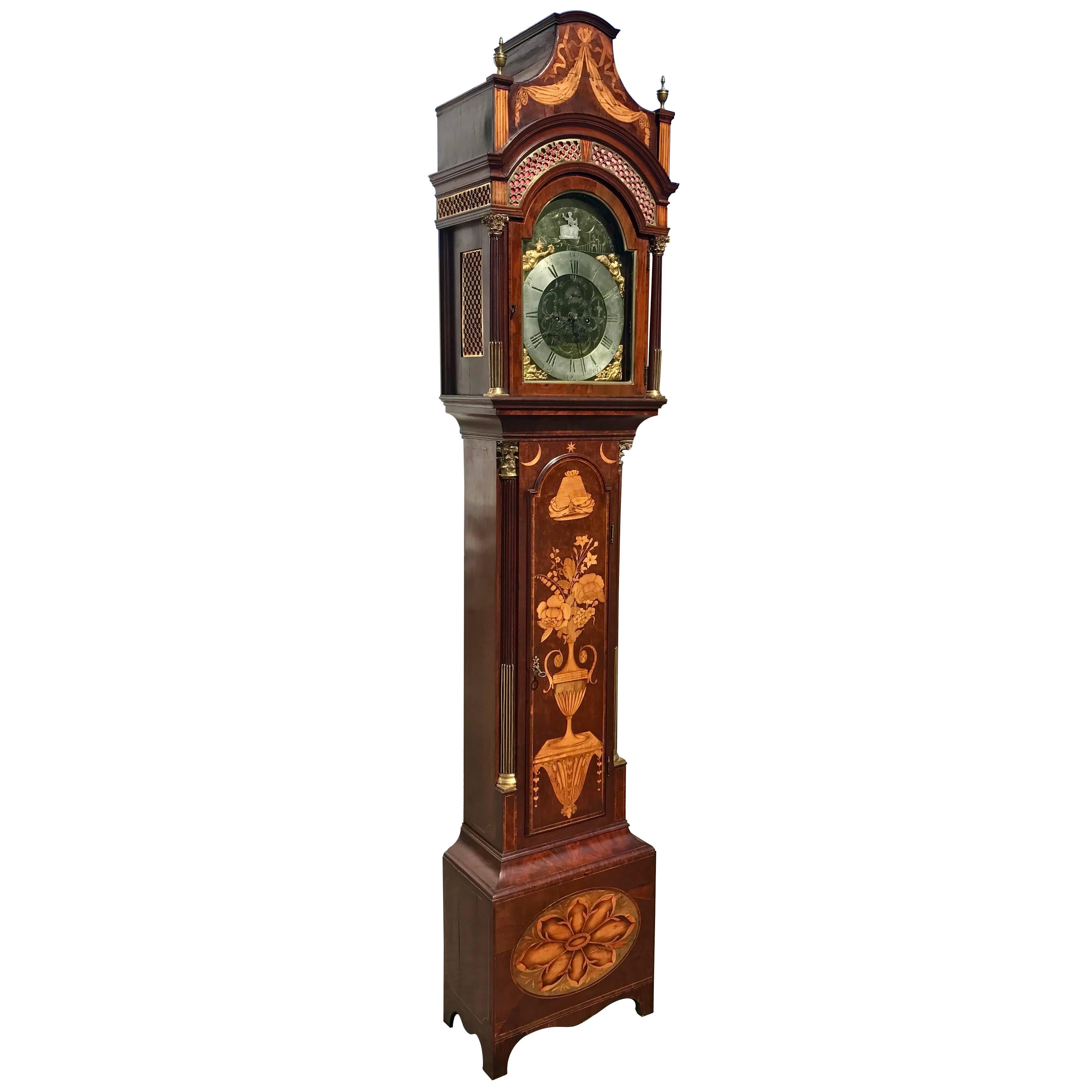 Fine Inlaid George III Longcase Clock with Automaton Movement, circa 1780 For Sale