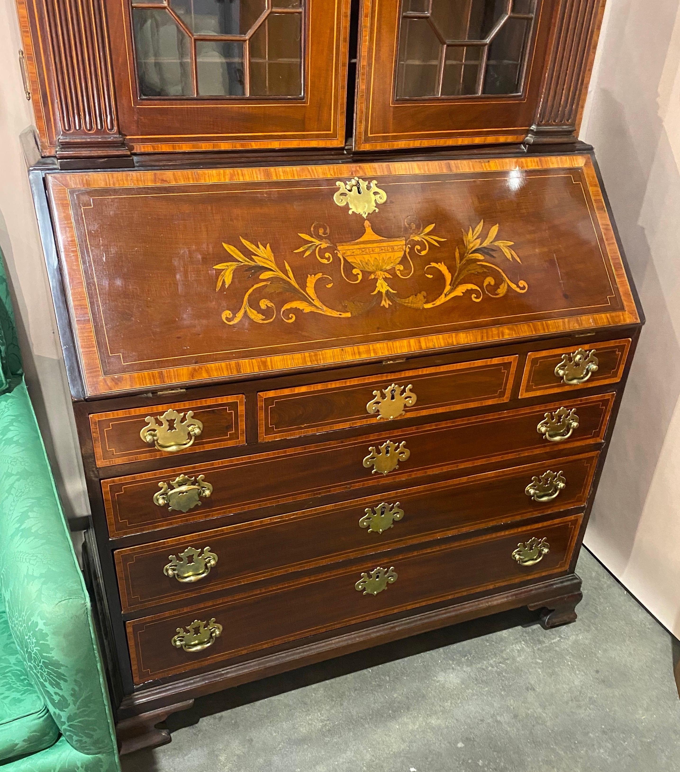 Fine Inlaid Georgian Secretary with Falconer Pediment, Probably by Gillows For Sale 1
