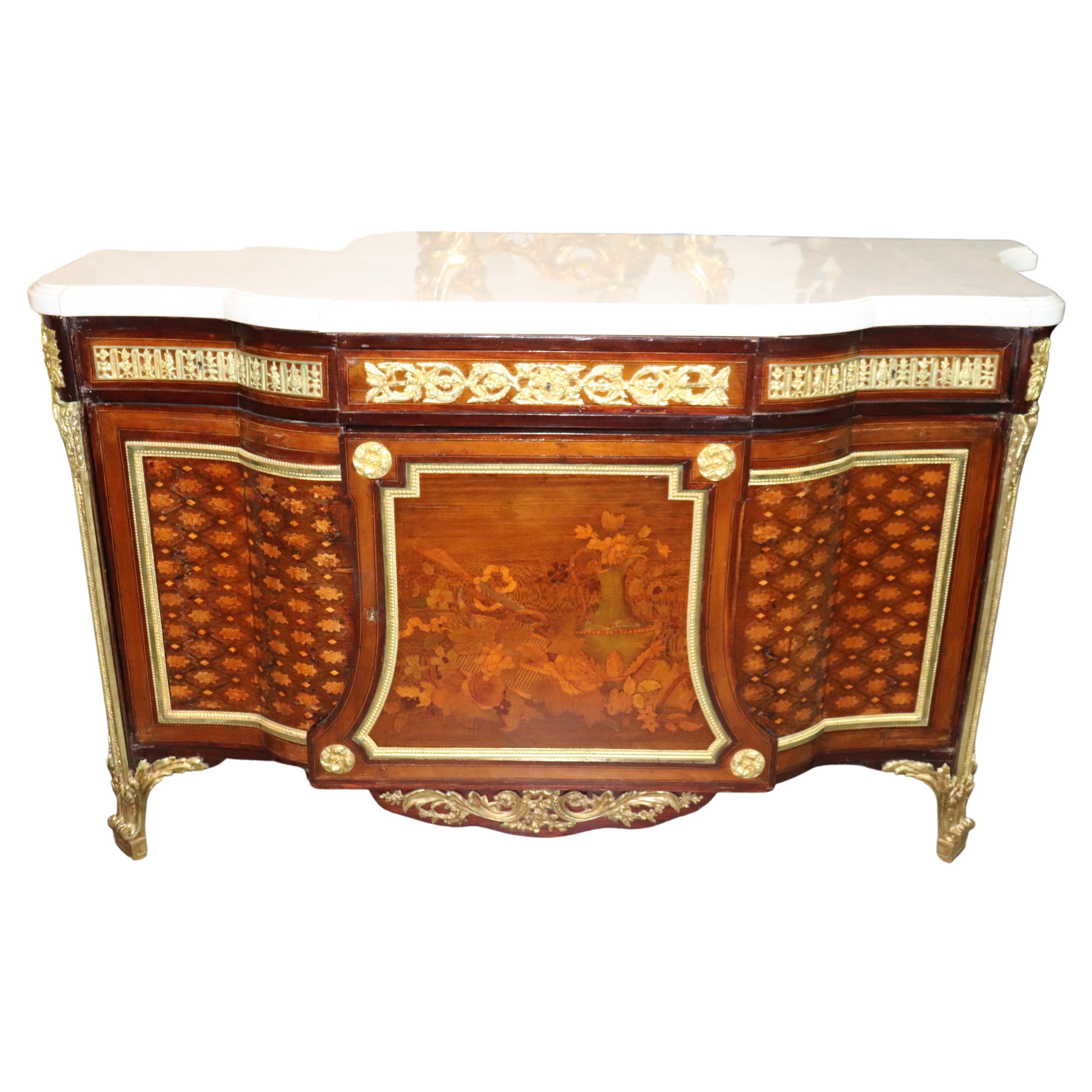 Fine Inlaid Palace Sized French Louis XV Marble Top Commode, circa 1870s For Sale