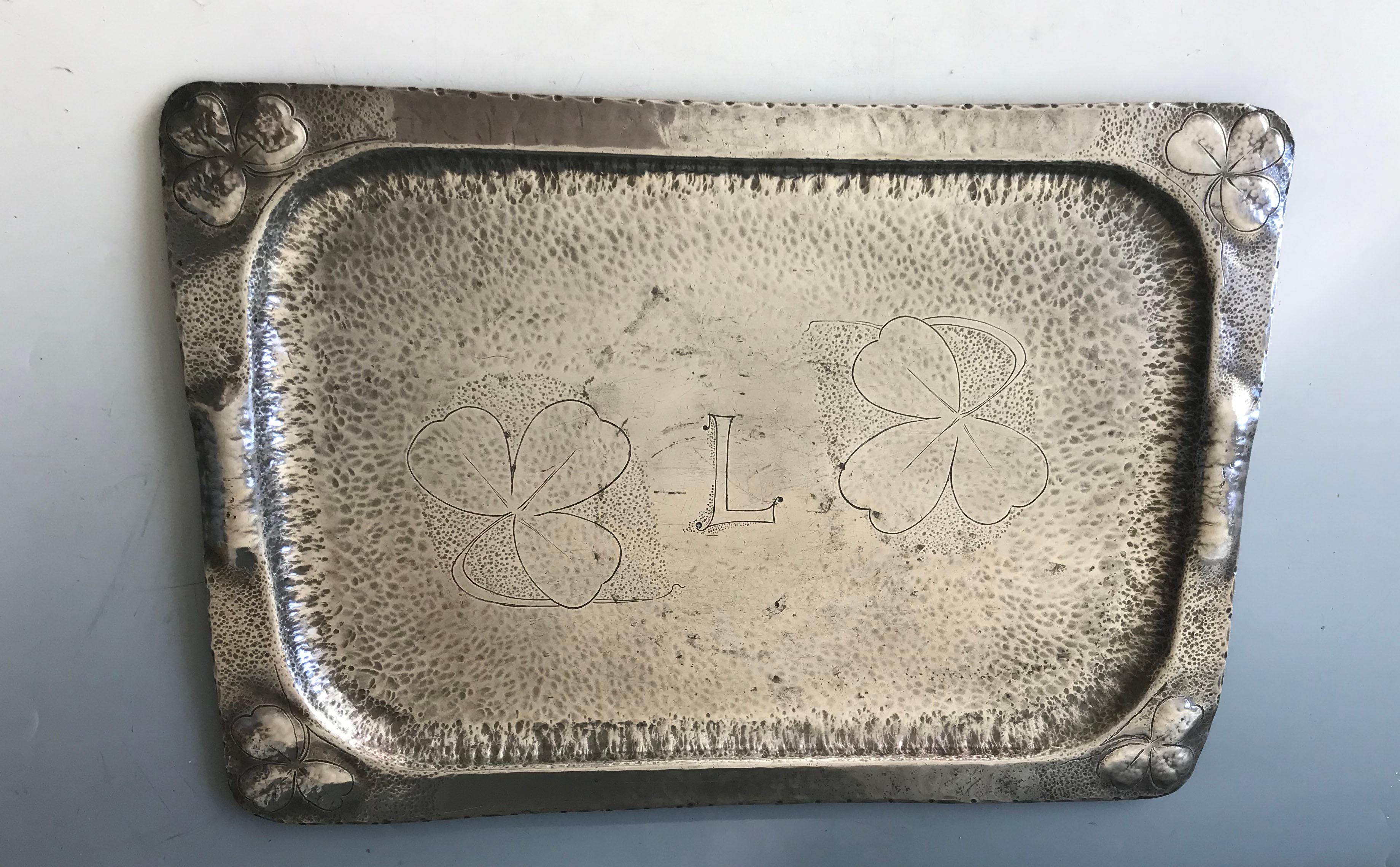 Arts and Crafts Fine Irish Arts & Crafts Pewter Shamrock Design Tray Folk Art