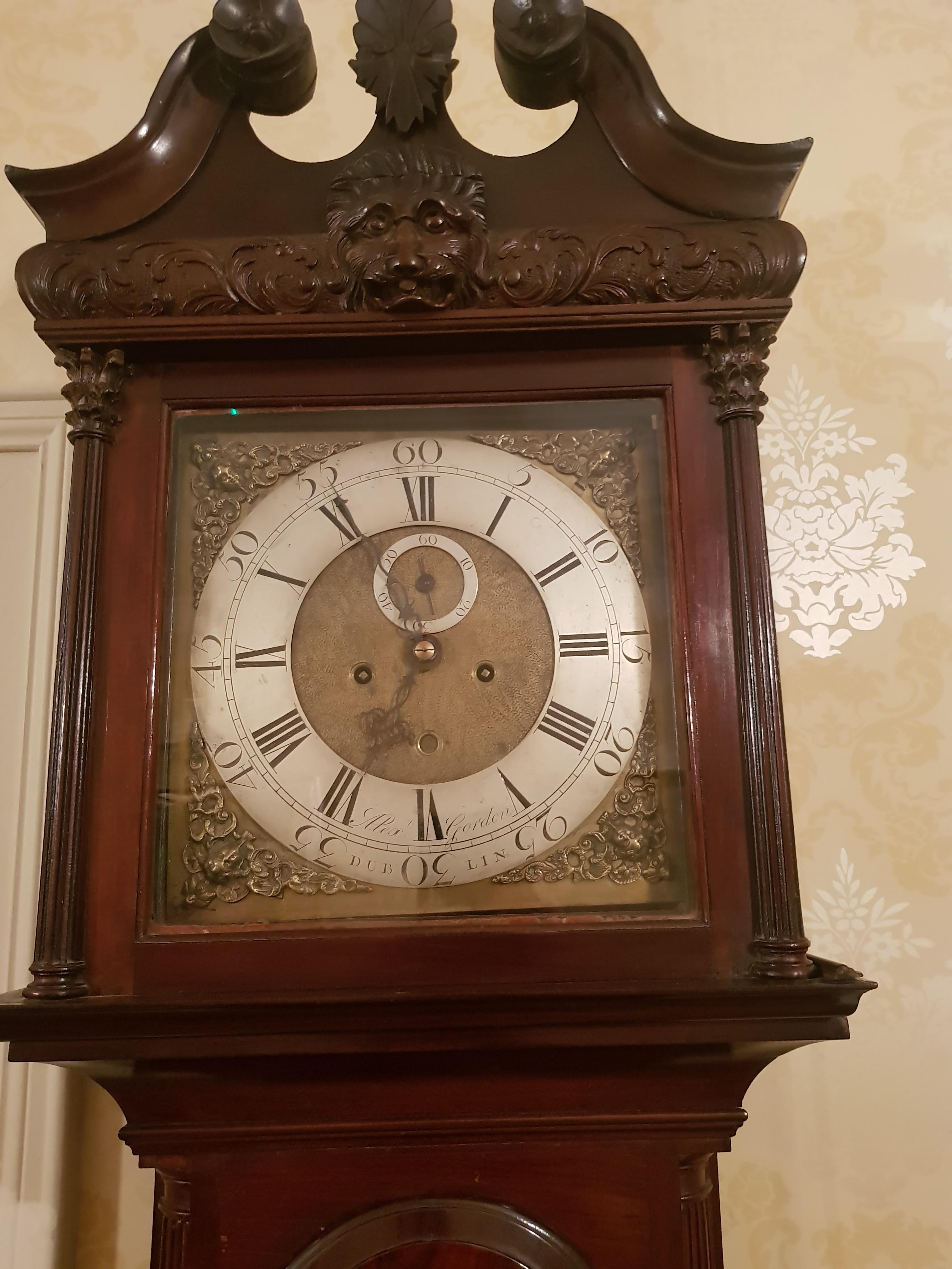 A fine Irish Chippendale clock of museum quality by this famous Dublin clock maker Alex Gordon. A similar clock by this maker stands in the halls of Castle Coole, Enniskillen, Co. Fermanagh and is illustrated in The Knight of Glins publishing's of