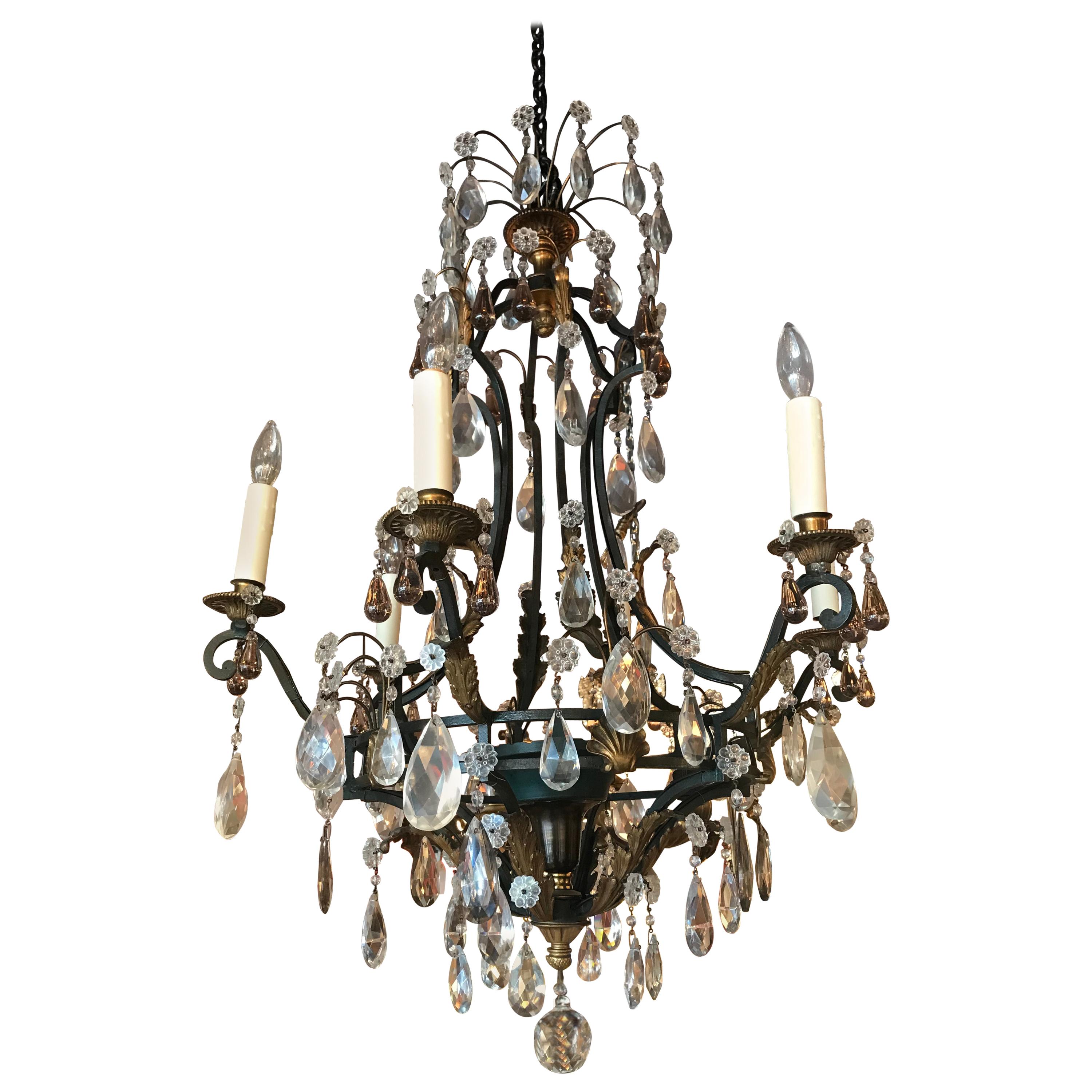 Lustre en fer fin, bronze doré et cristal de la Maison Jansen