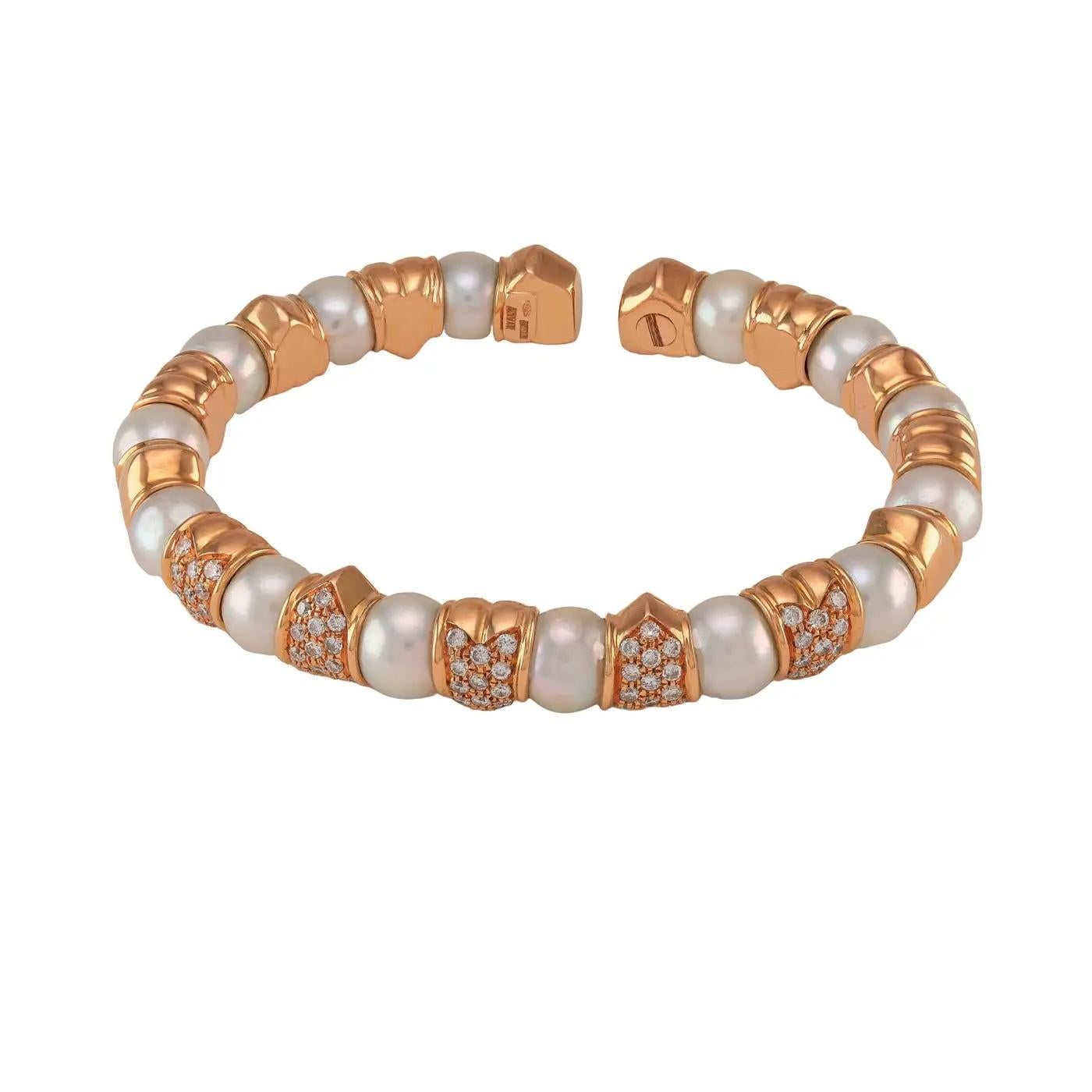 Bracelet empilable en or rose 18 carats et perles avec diamants Excellent état - En vente à Great Neck, NY