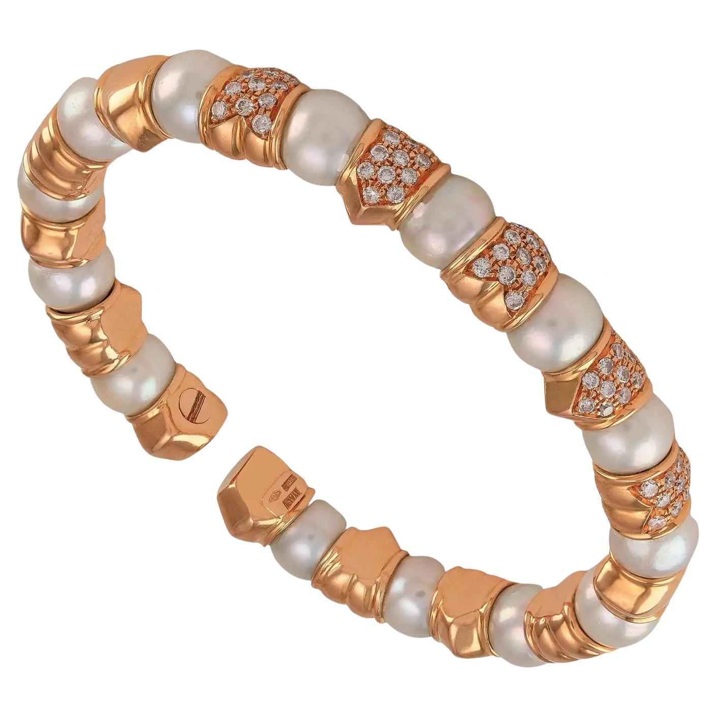 Bracelet empilable en or rose 18 carats et perles avec diamants
