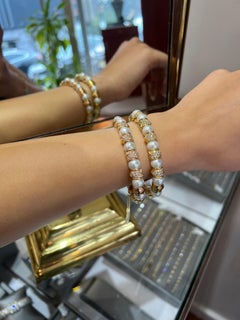 Fine Italian 18K Yellow Gold and Pearl Diamond Cuff Stackable Bangle Bracelet