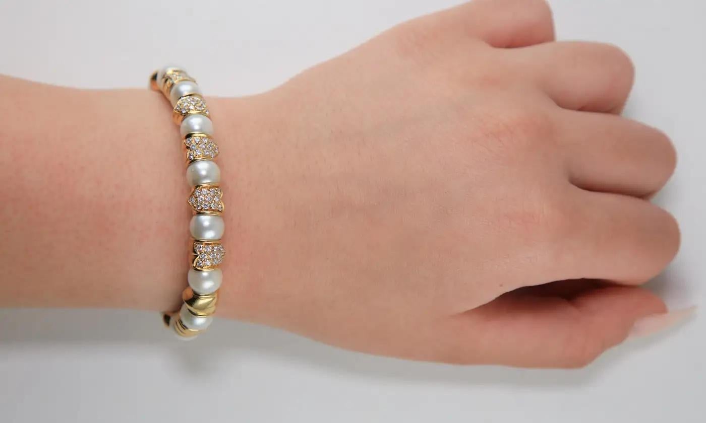Bracelet empilable en or jaune 18K, perles et diamants en vente 1