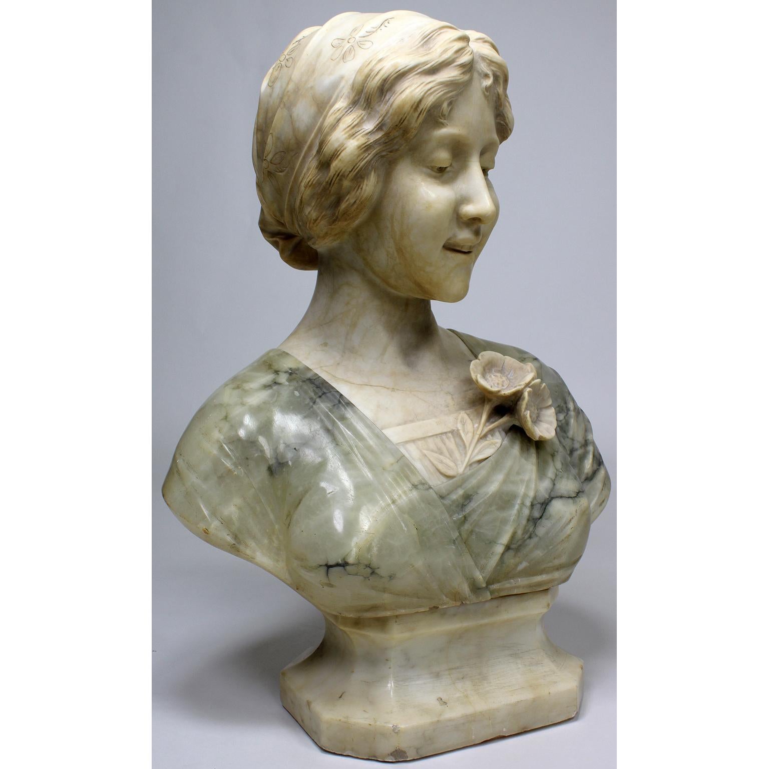 Country Fine Italian 19th-20th Century Carved Two-Color Alabaster Bust of a Young Beauty For Sale
