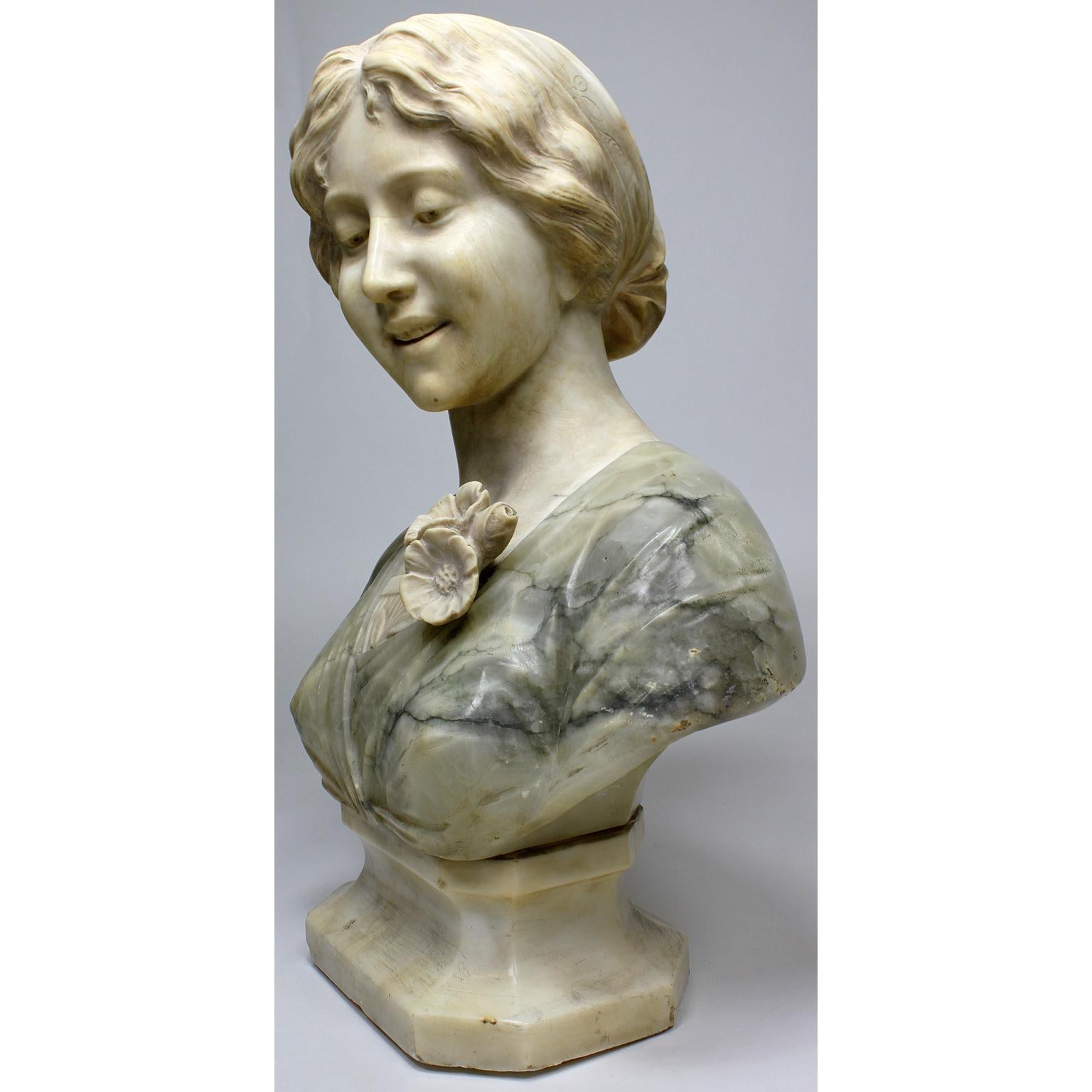 Hand-Carved Fine Italian 19th-20th Century Carved Two-Color Alabaster Bust of a Young Beauty For Sale