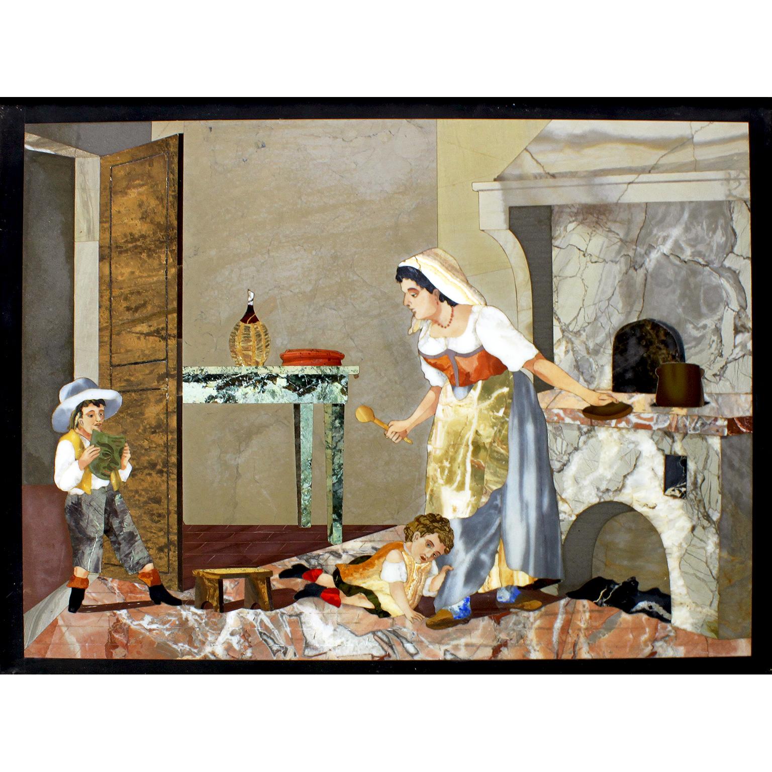 A very fine Italian 19th-20th century Pietra Dura Plaque depicting an interior kitchen scene of a mother preparing supper for her two young children, in the style of Mario Montelatici.(Italian (1894-1974). within an ornate giltwood carved frame,