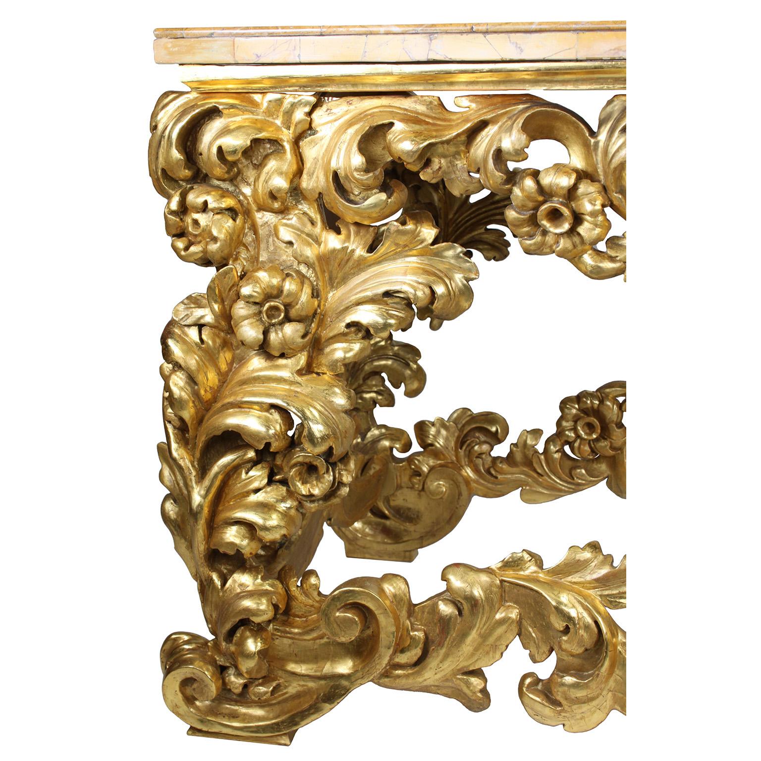 Siena Marble Fine Italian 19th Century Baroque Style Giltwood Carved Console Table Marble Top For Sale