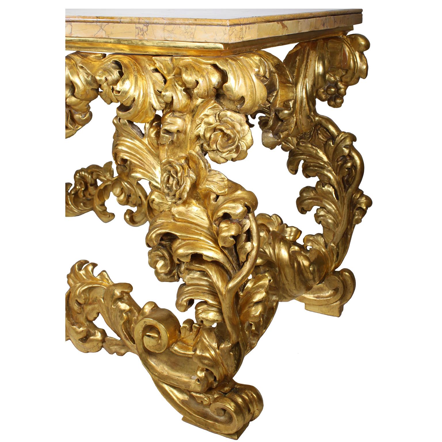 Early 19th Century Fine Italian 19th Century Baroque Style Giltwood Carved Console Table Marble Top For Sale