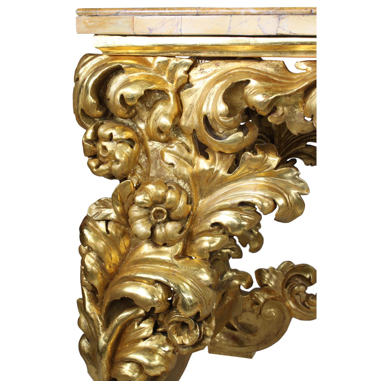 Fine Italian 19th Century Baroque Style Giltwood Carved Console Table Marble Top For Sale 1