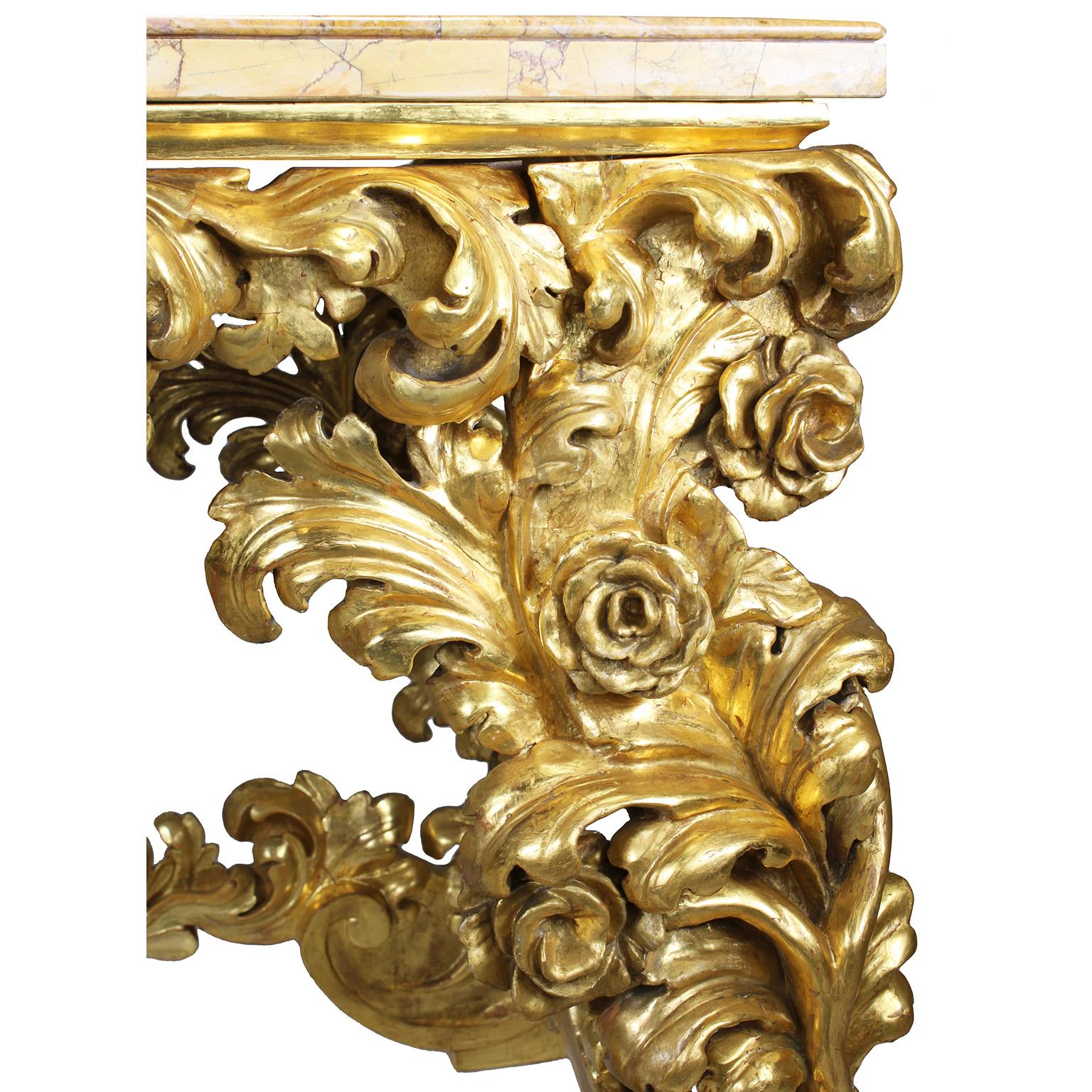 Fine Italian 19th Century Baroque Style Giltwood Carved Console Table Marble Top For Sale 2
