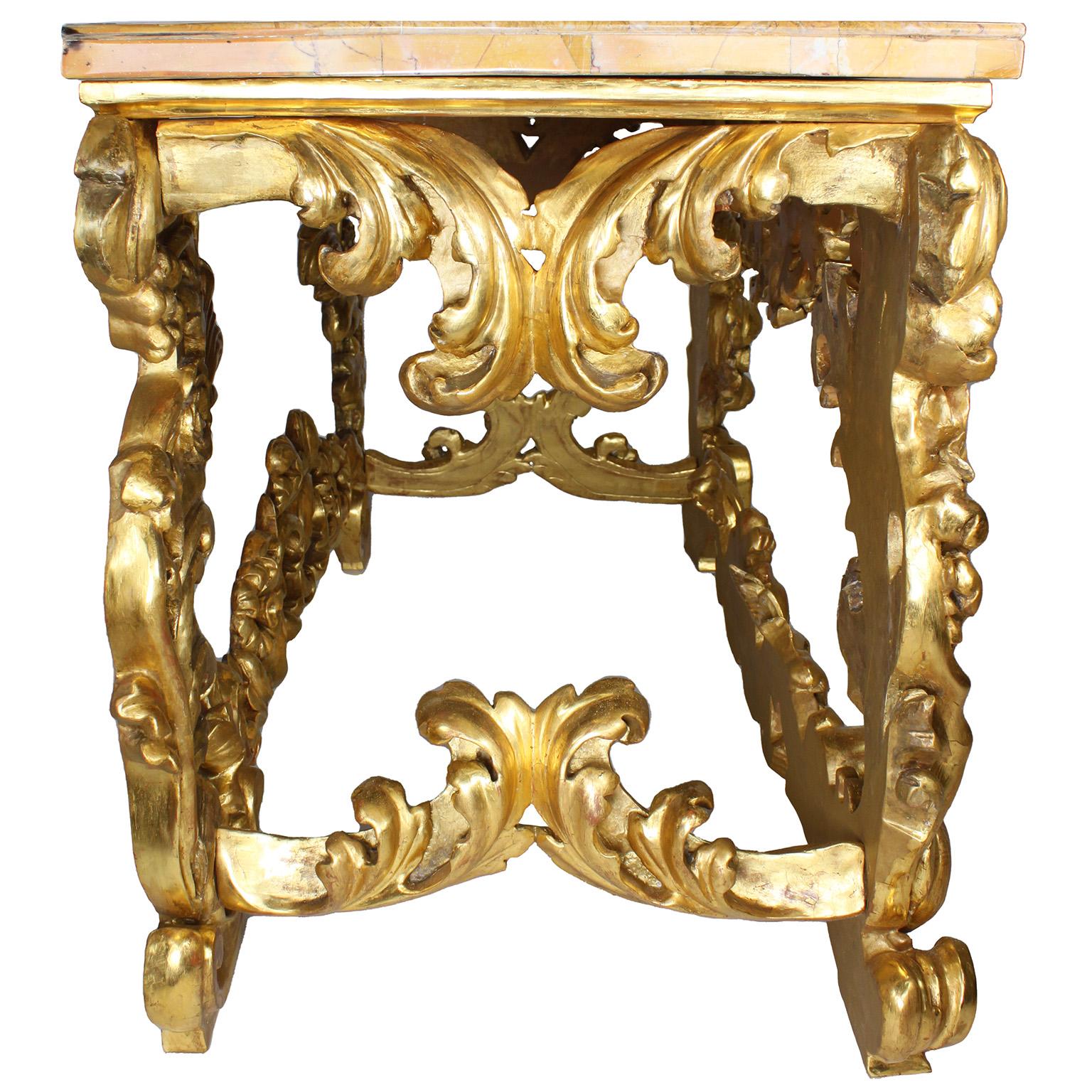 Fine Italian 19th Century Baroque Style Giltwood Carved Console Table Marble Top For Sale 4