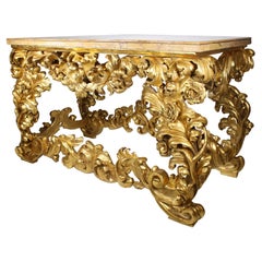 Fine Italian 19th Century Baroque Style Giltwood Carved Console Table Marble Top