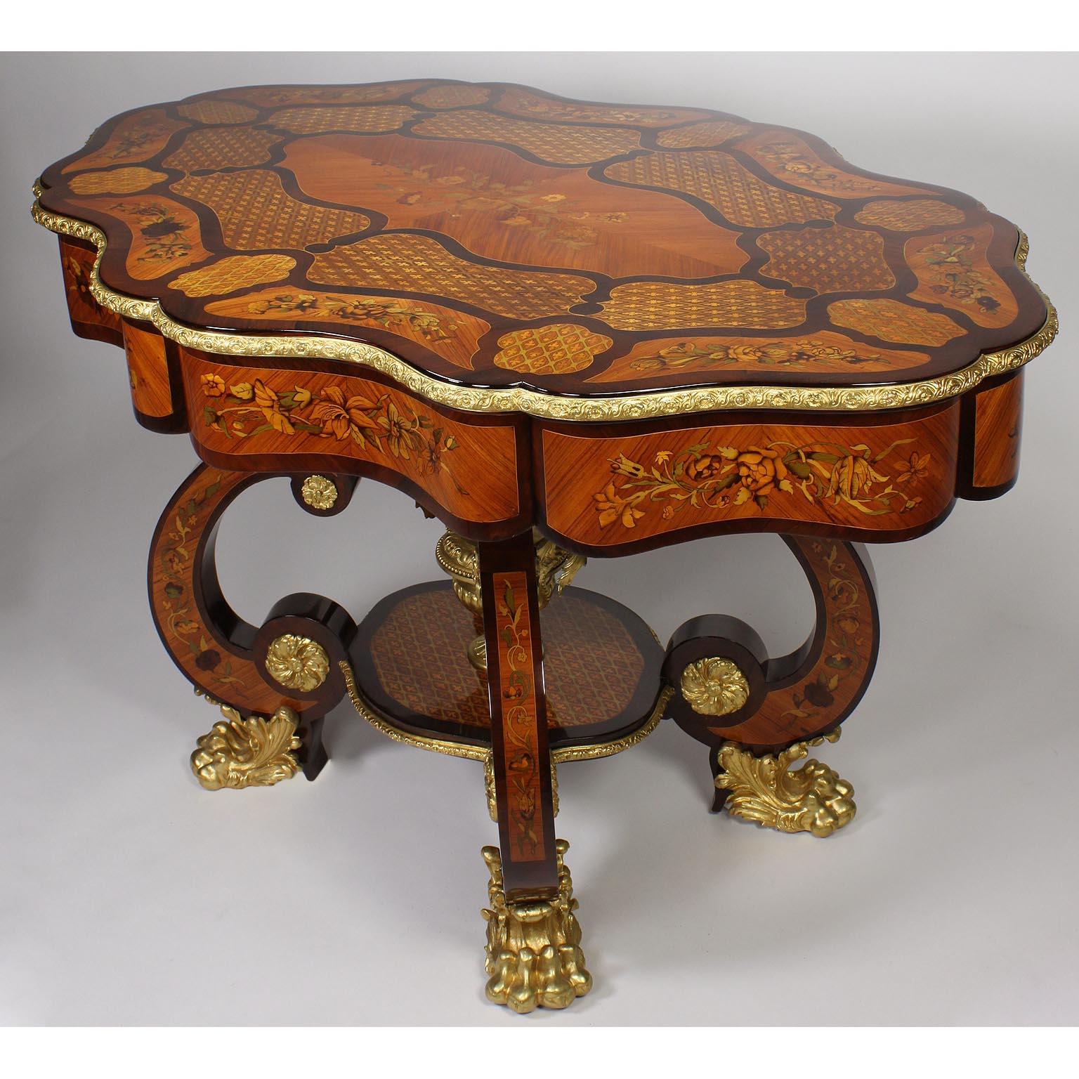 Baroque Fine Italian 19th Century Floral Marquetry Gilt Bronze-Mounted Center Table Desk For Sale