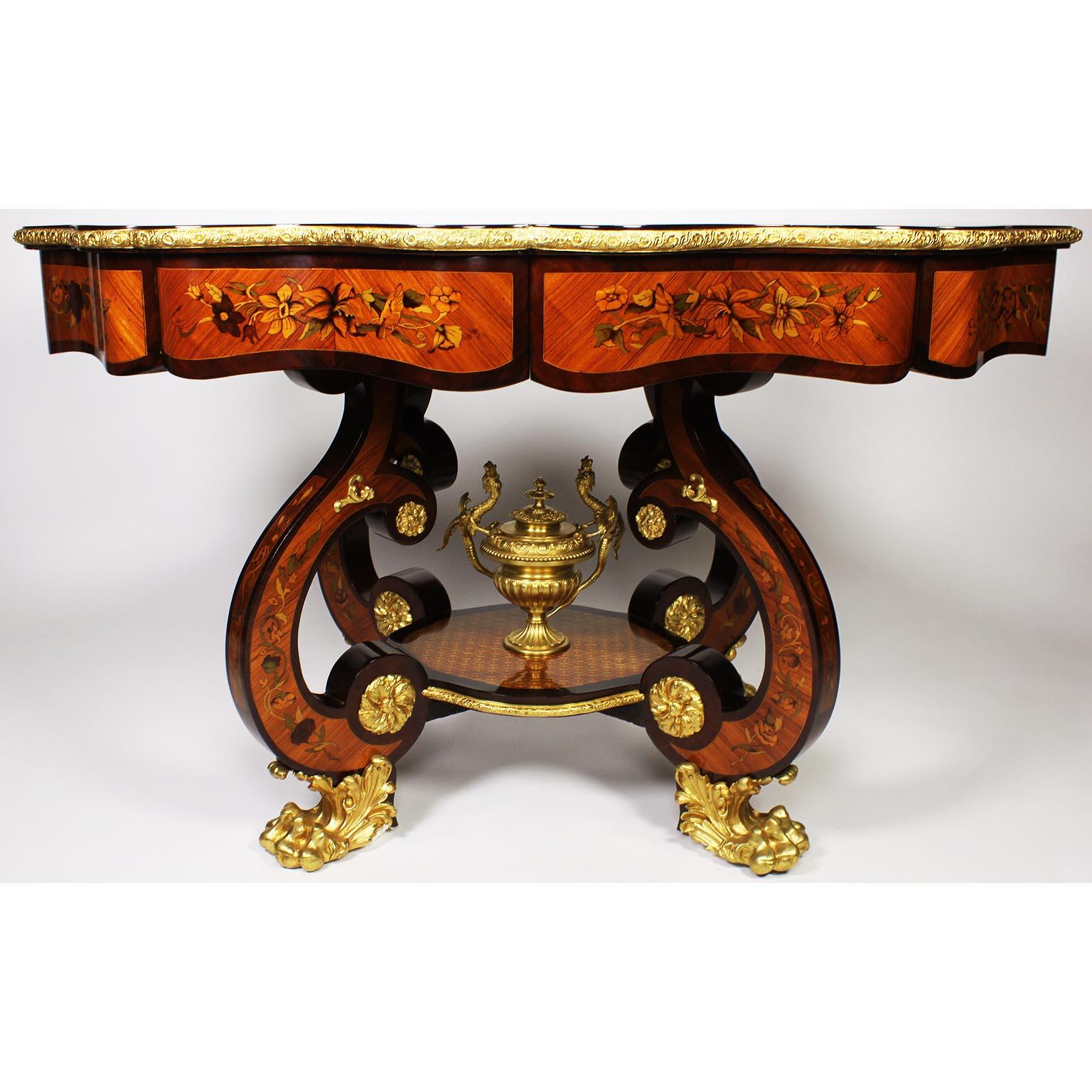 Carved Fine Italian 19th Century Floral Marquetry Gilt Bronze-Mounted Center Table Desk For Sale