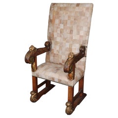 Fine Italian 19th century Gilded Cherubs Carved Walnut Throne Chair in Leather