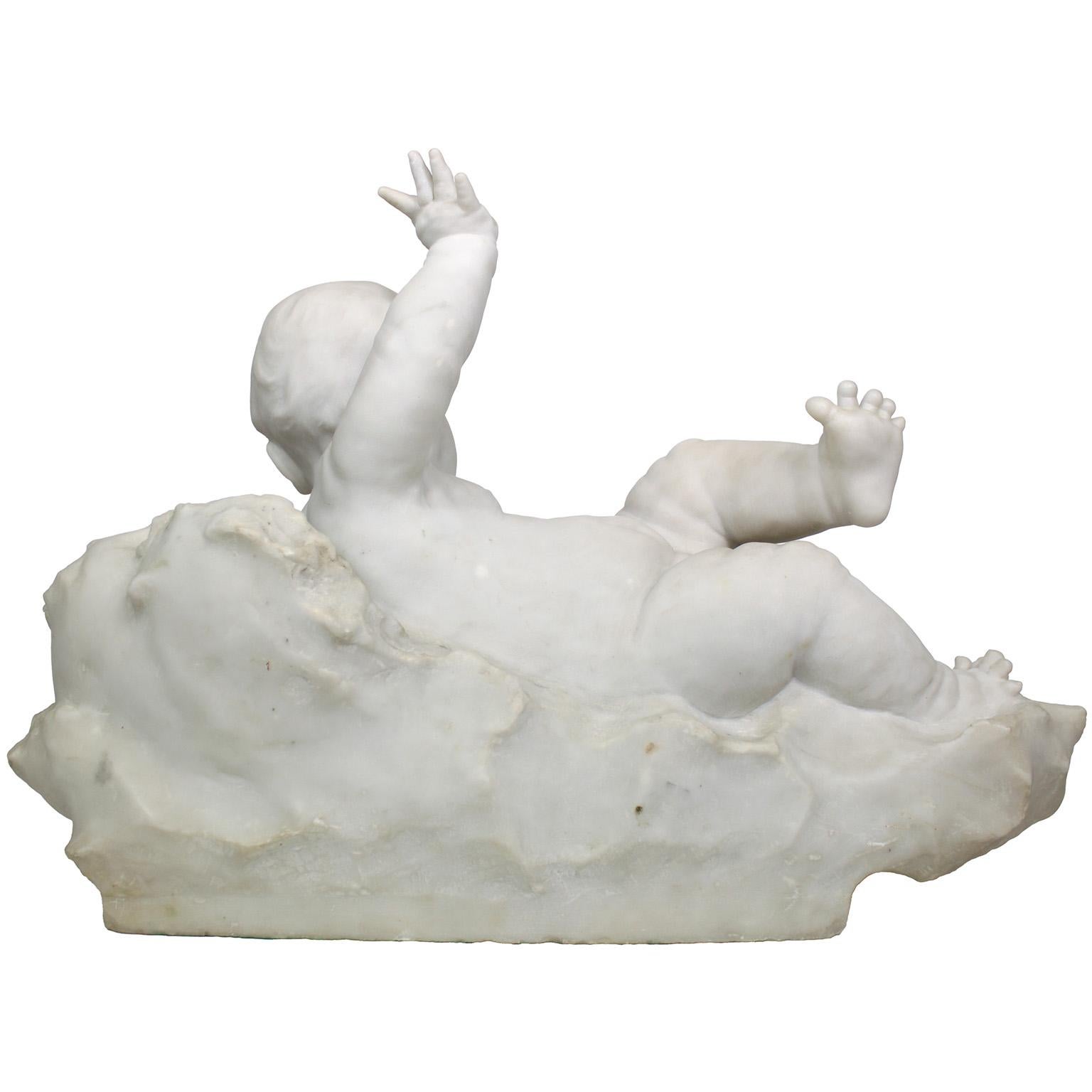 Marmo di Carrara Fine Italian 19th Century Marble Sculpture 'Baby's First Bath' - Felice Corsetti in vendita
