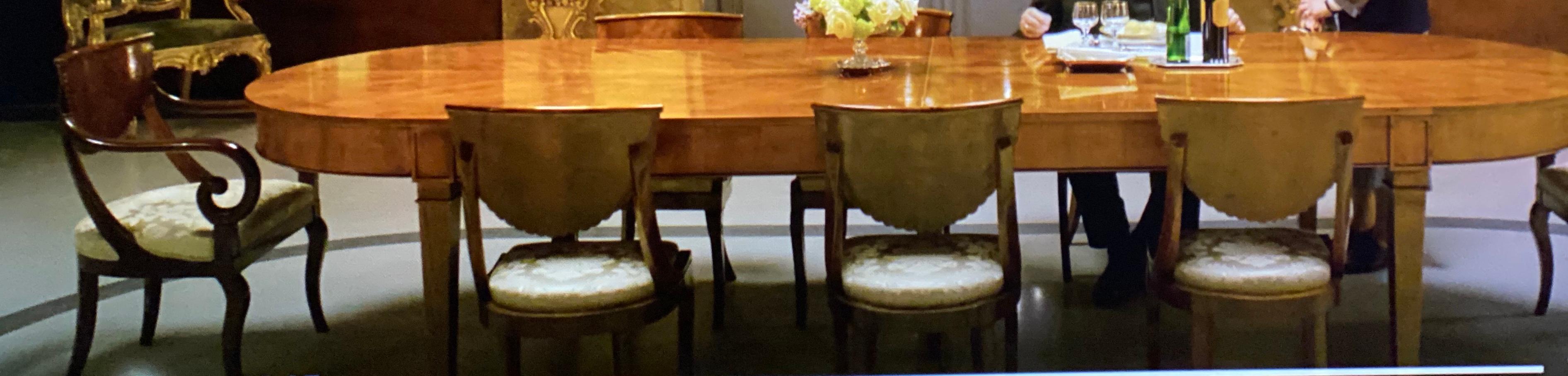 Elegant set of Nord-Italian walnut chairs (8) and a pair of armchairs,
Covered in ivory color silk in perfect condition.
Lombardy Nord Italy, last quarter of the 18th century.