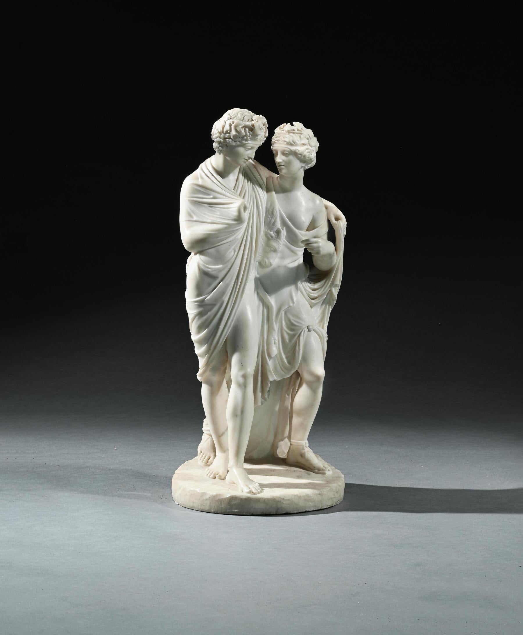 Äußerst feine Marmorgruppe von Bacchus und Ariadne nach der Carlo Albacini (1734 - 1813) zugeschriebenen Antike

Italien Rom um 1800

Provenienz 
Eine französische Private Collection'S
In weißem Marmor gemeißelt, zeigt es ein junges Paar, das