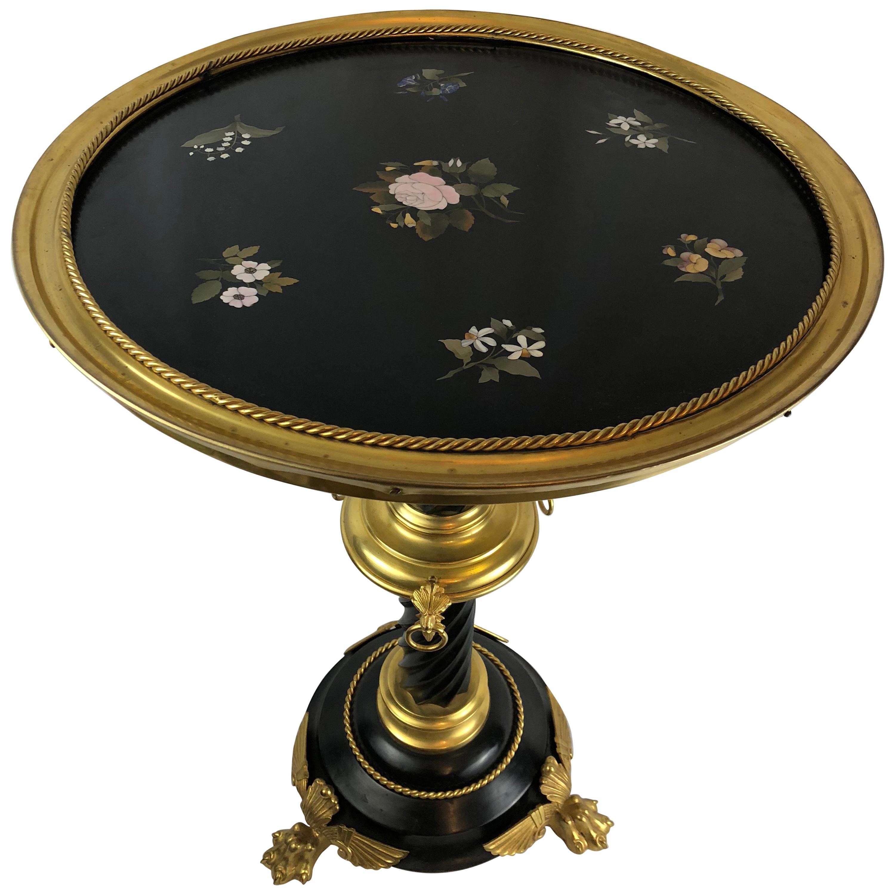 Fine Italian Florentine Pietra Dura Inlaid Table, Small, Round Pedestal For Sale