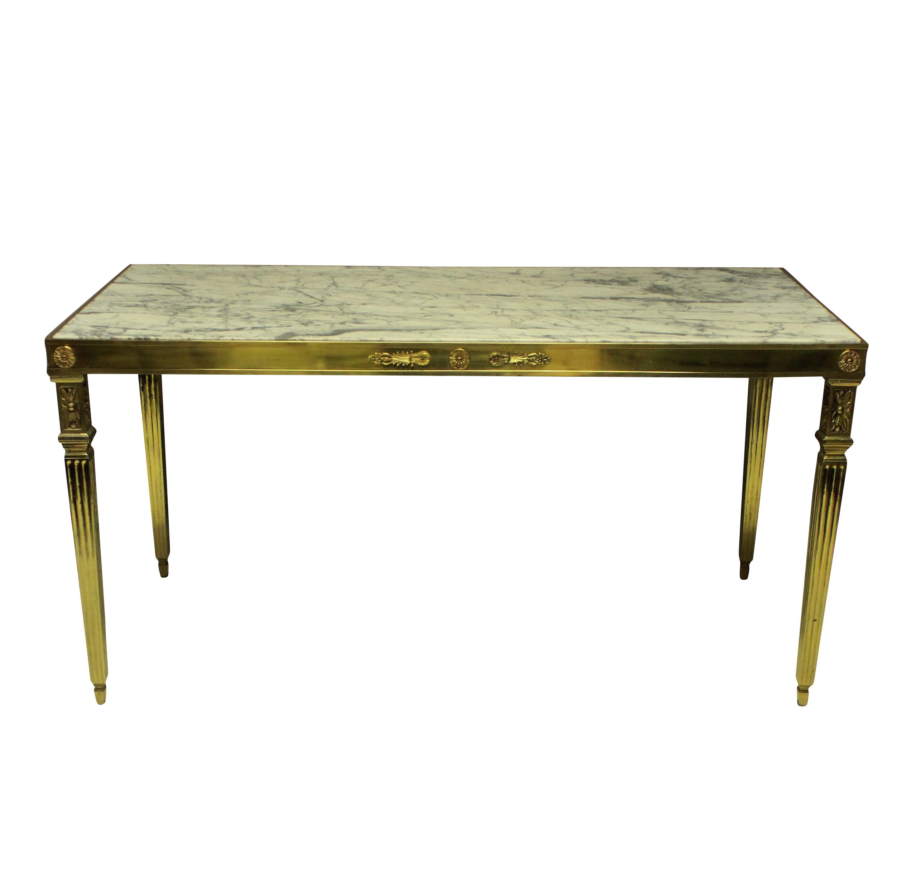 A fine Italian gilt bronze neoclassical hall table, with acanthus decoration around each frieze and on square tapering fluted legs. With an inset grey and off white marble top.