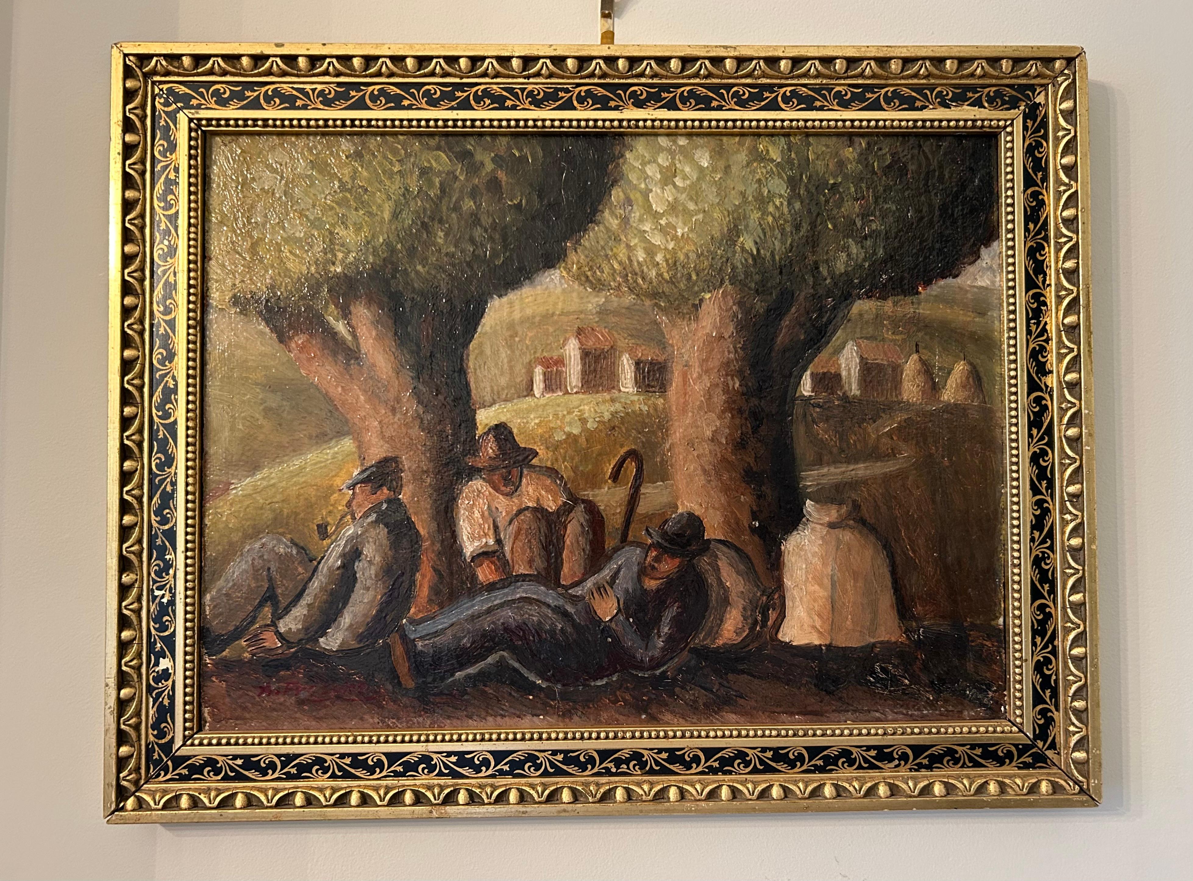 Beau paysage italien représentant des paysans au repos  Huile sur carton, Fin du 19e siècle en vente 4